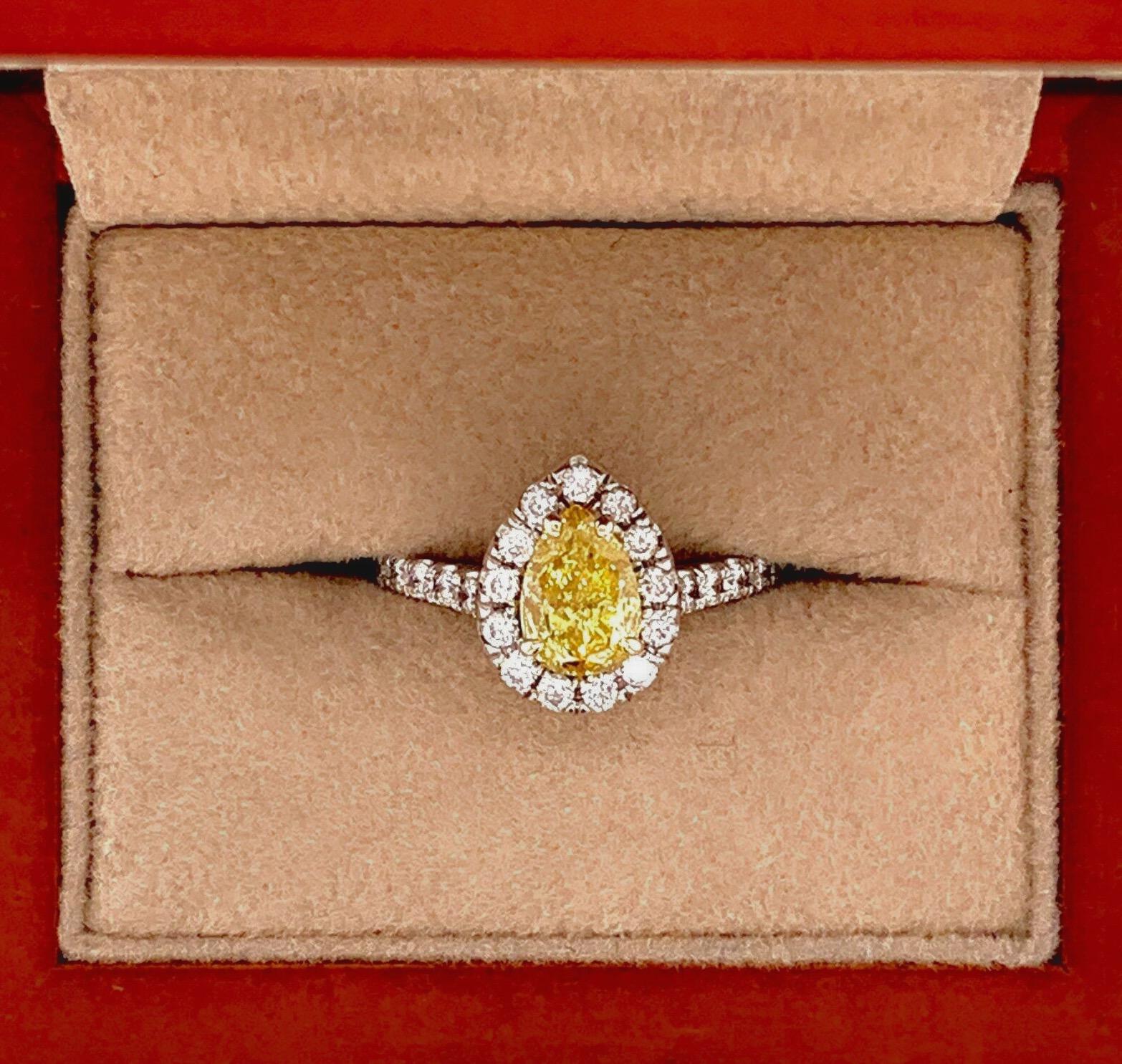 Fancy Intense Yellow Pear Shape Diamond Halo Ring 1.60 Carat 14 Karat GIA 3