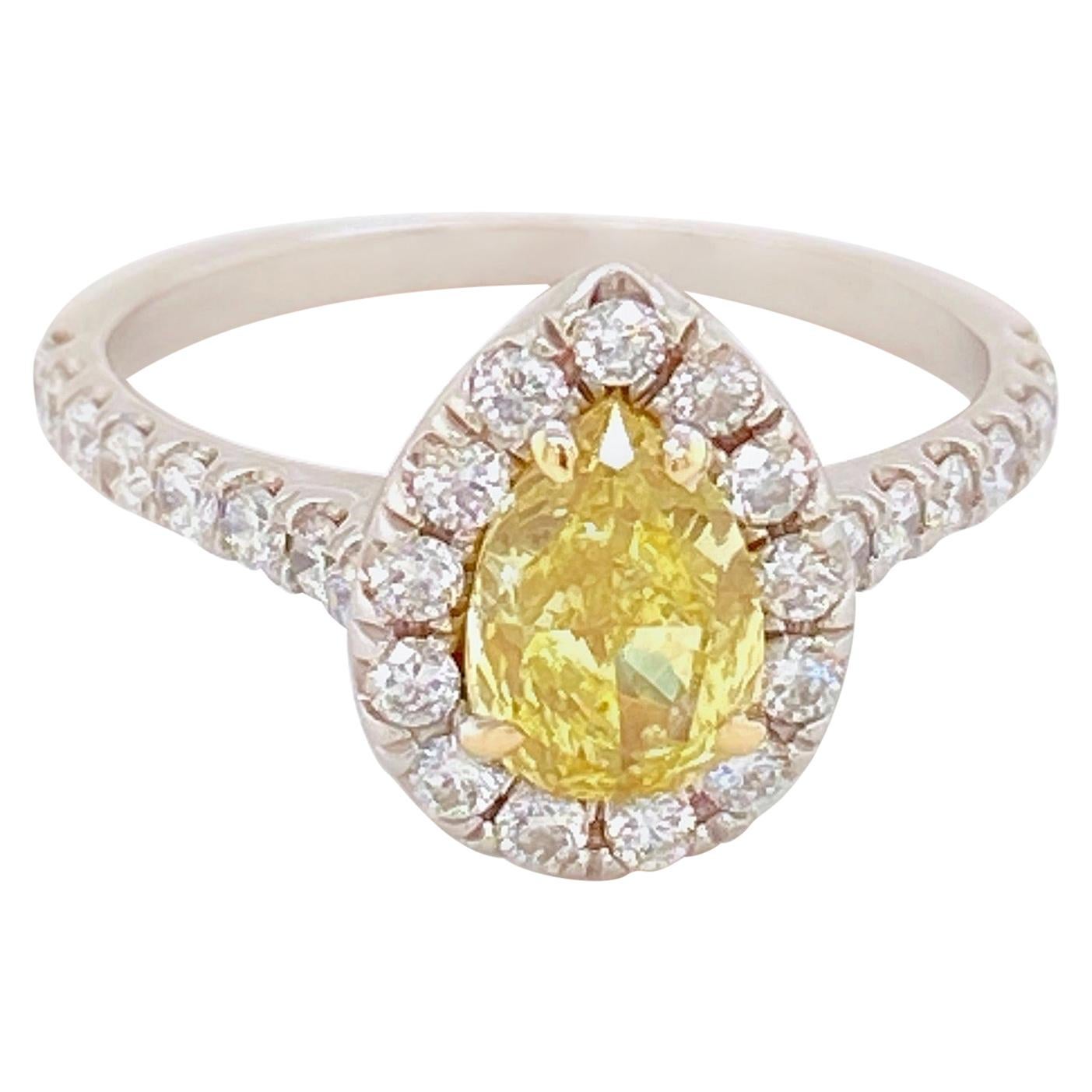 Fancy Intense Yellow Pear Shape Diamond Halo Ring 1.60 Carat 14 Karat GIA
