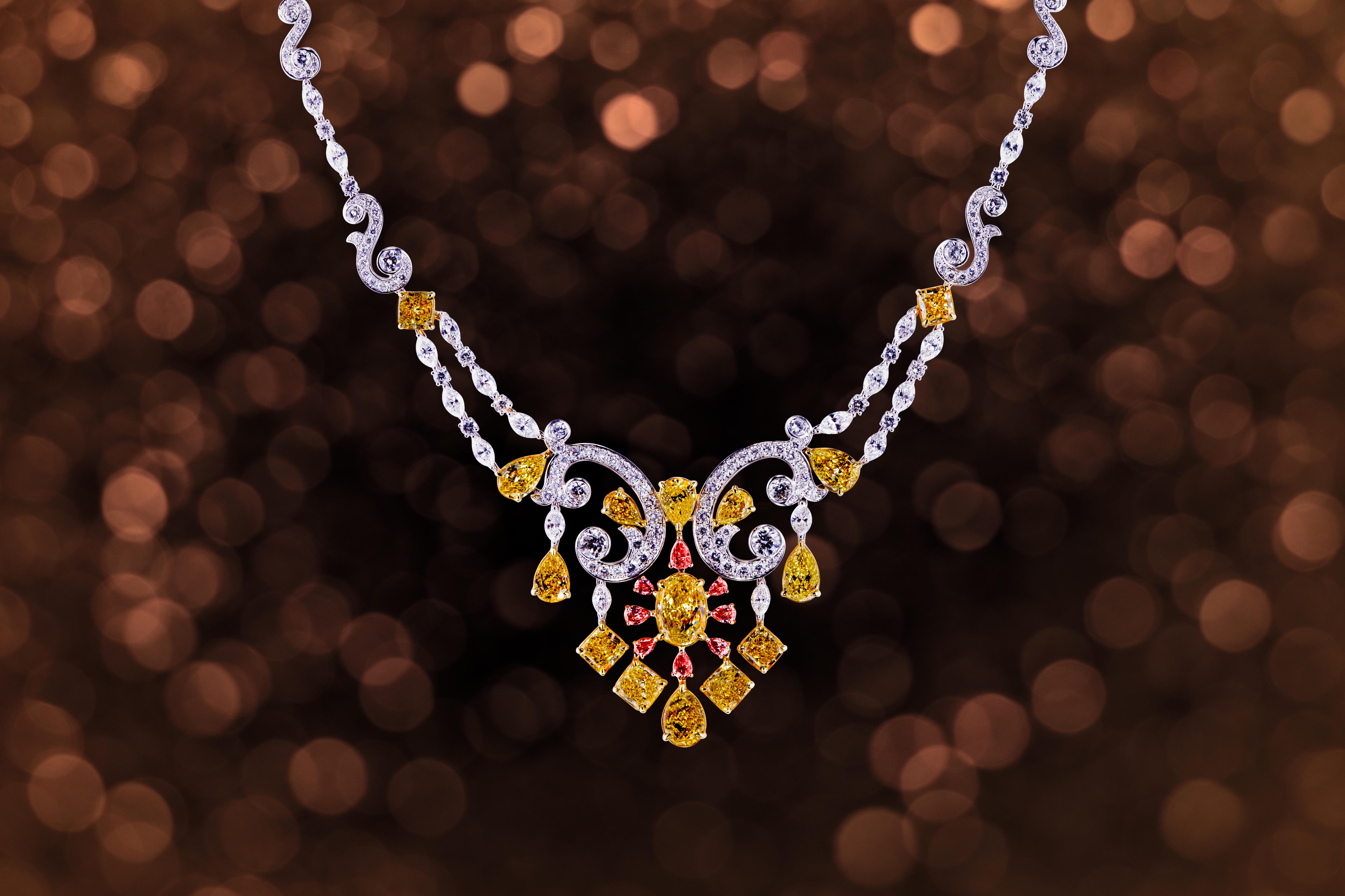 Victorian Fancy Intense Yellow, Pink and White Diamond Necklace For Sale