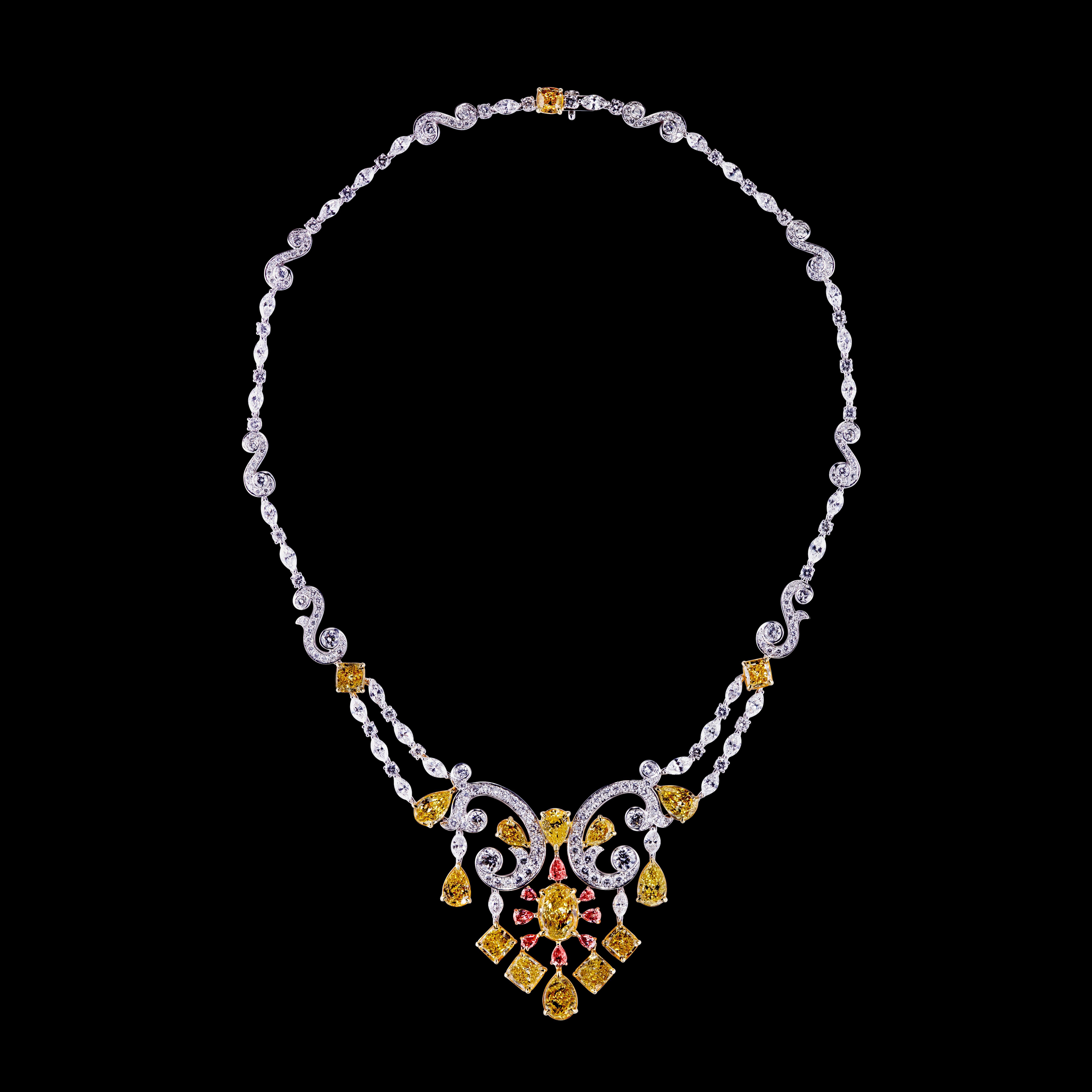 Oval Cut Fancy Intense Yellow, Pink and White Diamond Necklace For Sale