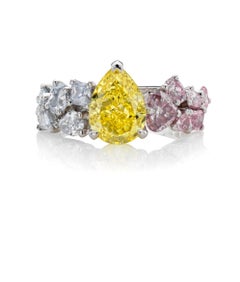 Fancy Intense Yellow, Pink & Blue Diamond Ring in 18K White Gold