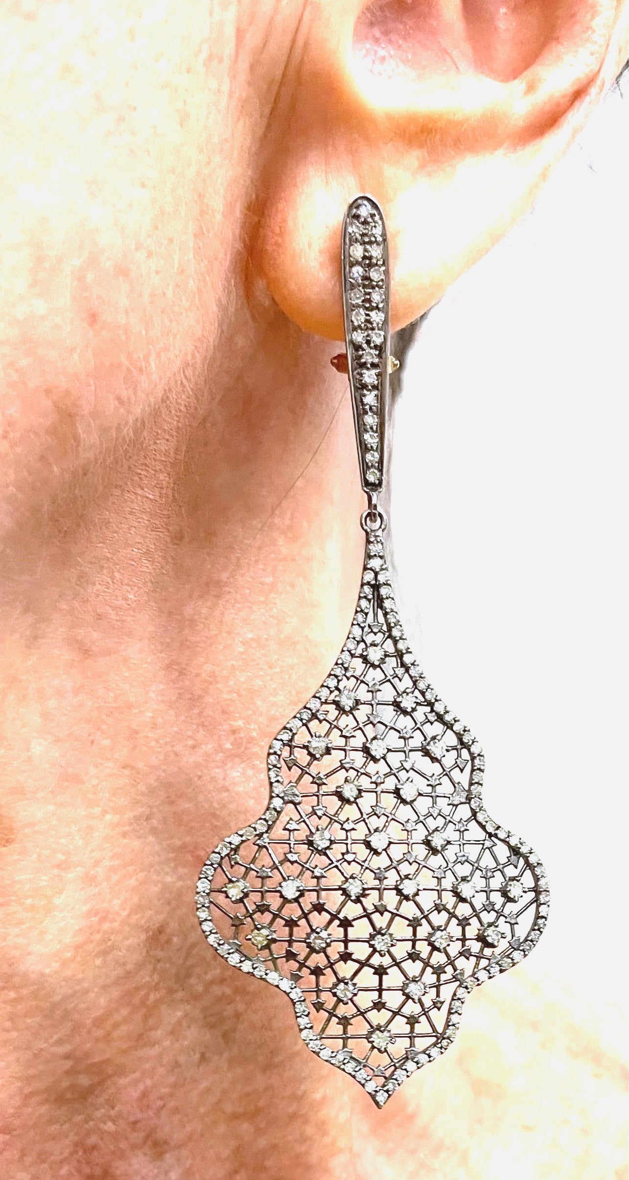 Round Cut Fancy Large 2.47 Carats Pave Diamond Webbed Paradizia Earrings For Sale