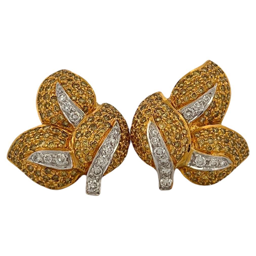 Fancy Leaf  Shaped White and Yellow Diamond Earrings For Sale