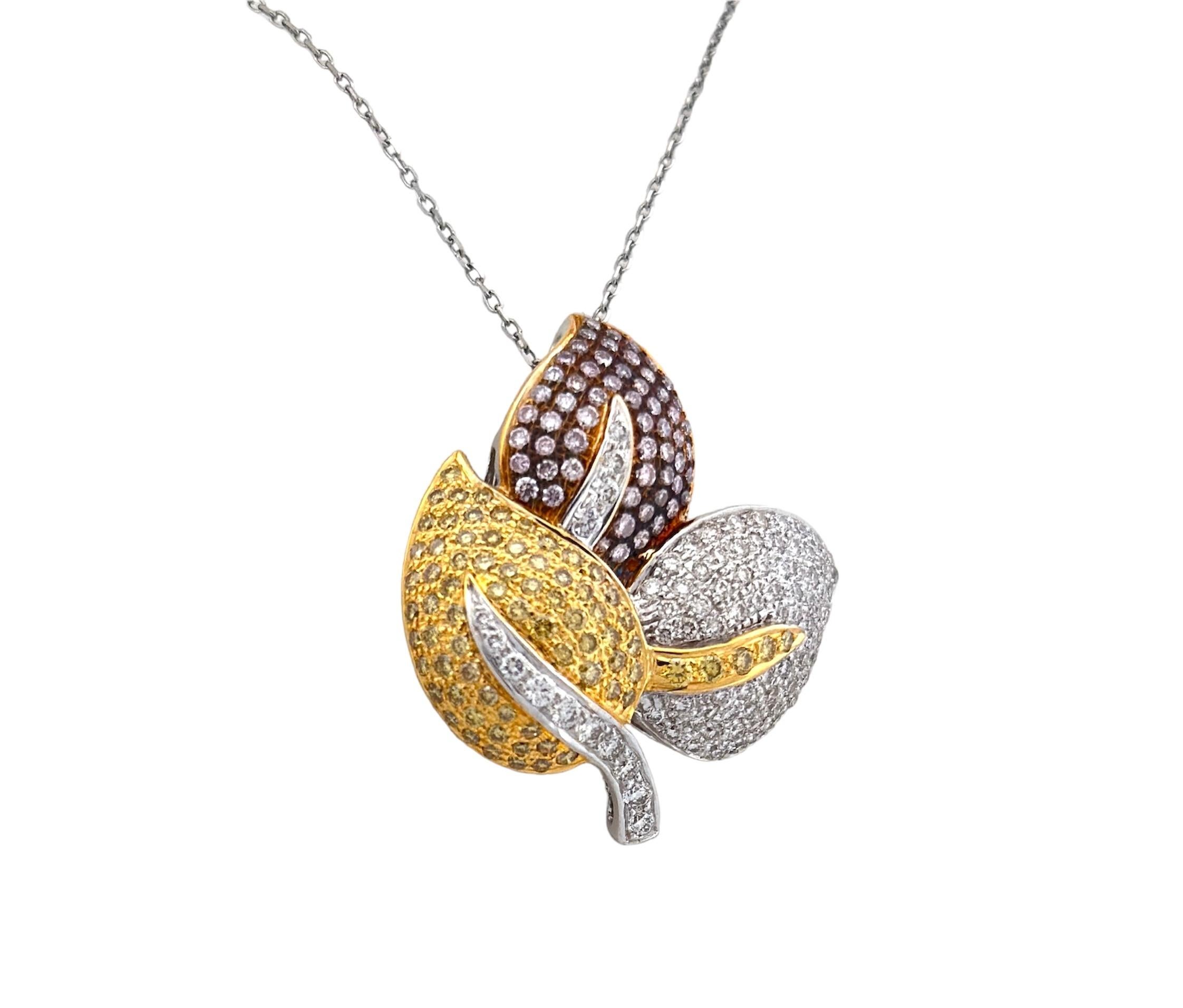 Retro Fancy Leaf Shaped White, Yellow And Pink Diamond Pendant  For Sale