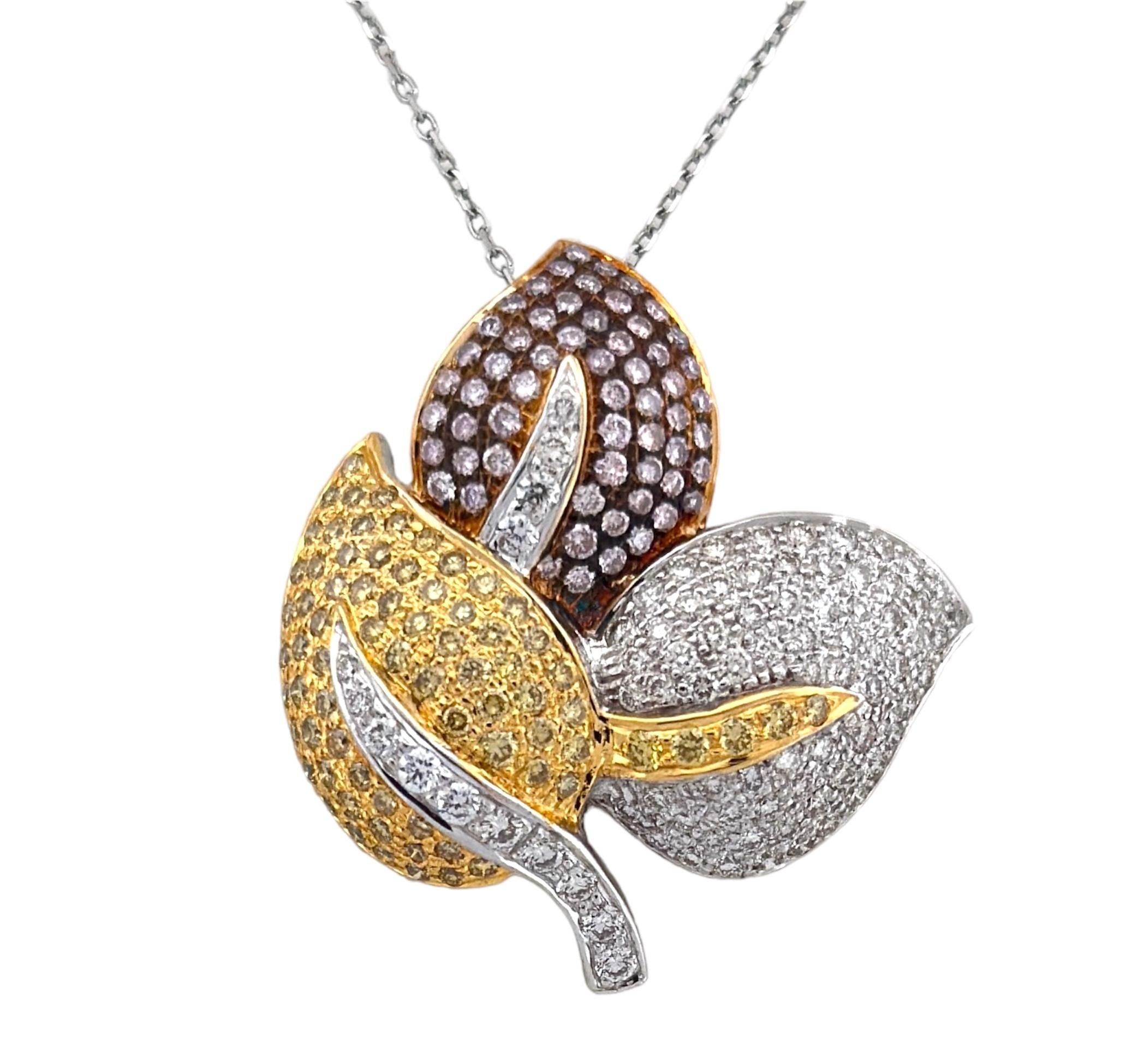 Fancy Leaf Shaped White, Yellow And Pink Diamond Pendant  For Sale
