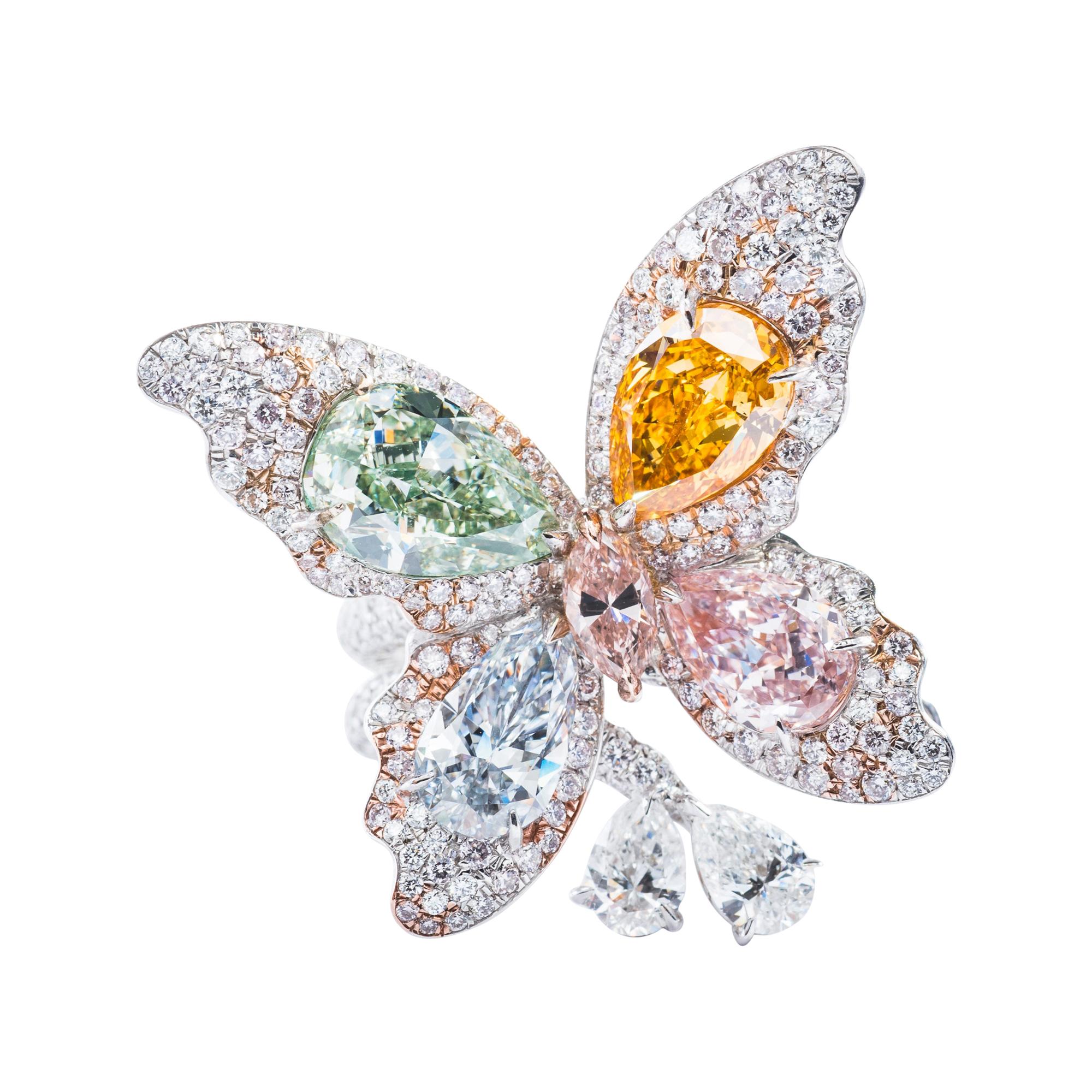 Vihari Jewels Fancy Light Blue, Green, Pink, and Orange Diamond Butterfly Ring For Sale