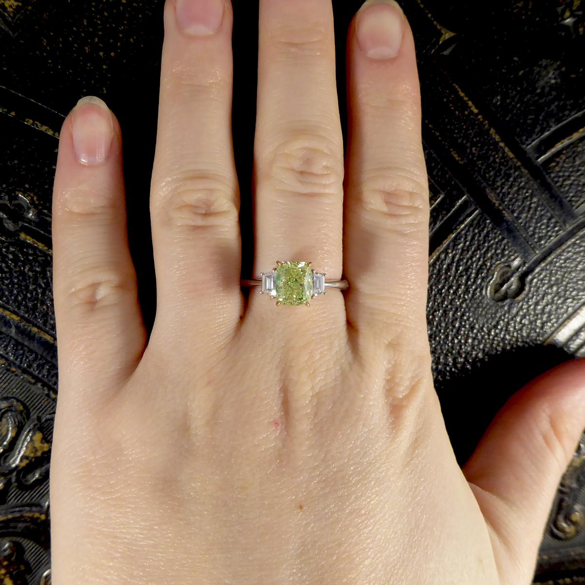 Cushion Cut Fancy Light Green 2.40ct Diamond Three-Stone Ring in 18ct White and Rose Gold