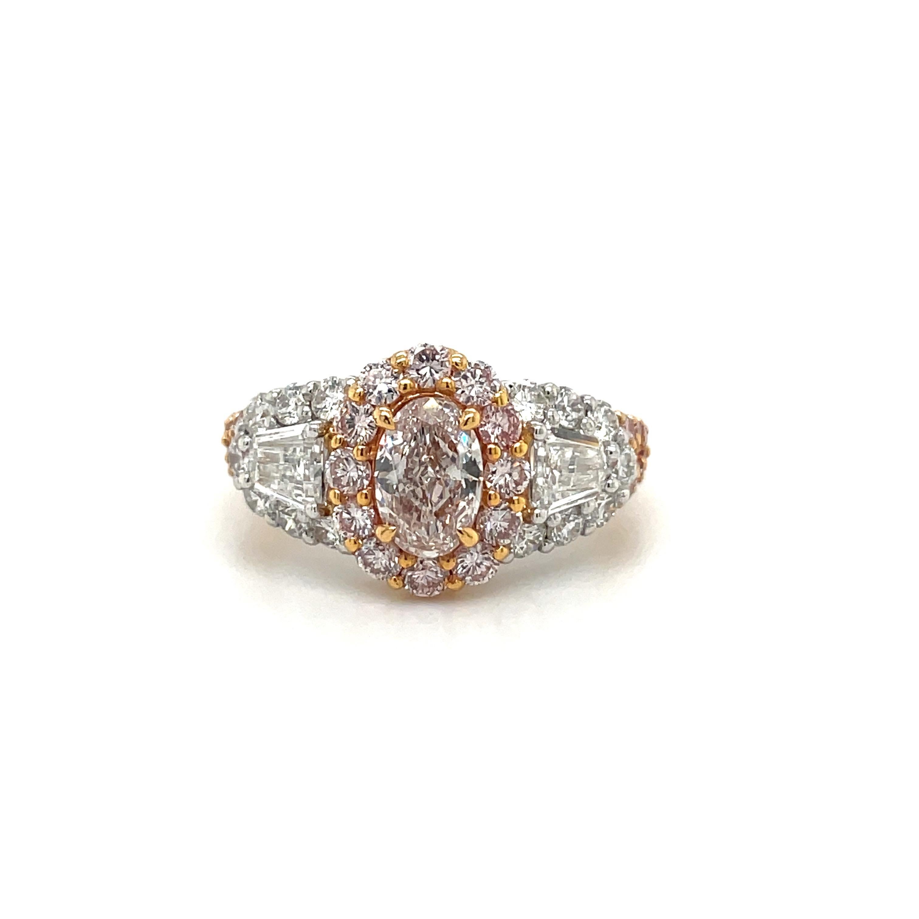 Fancy Light Pink Diamond Ring with White Diamonds Set in Rose Gold and Platinum For Sale 3