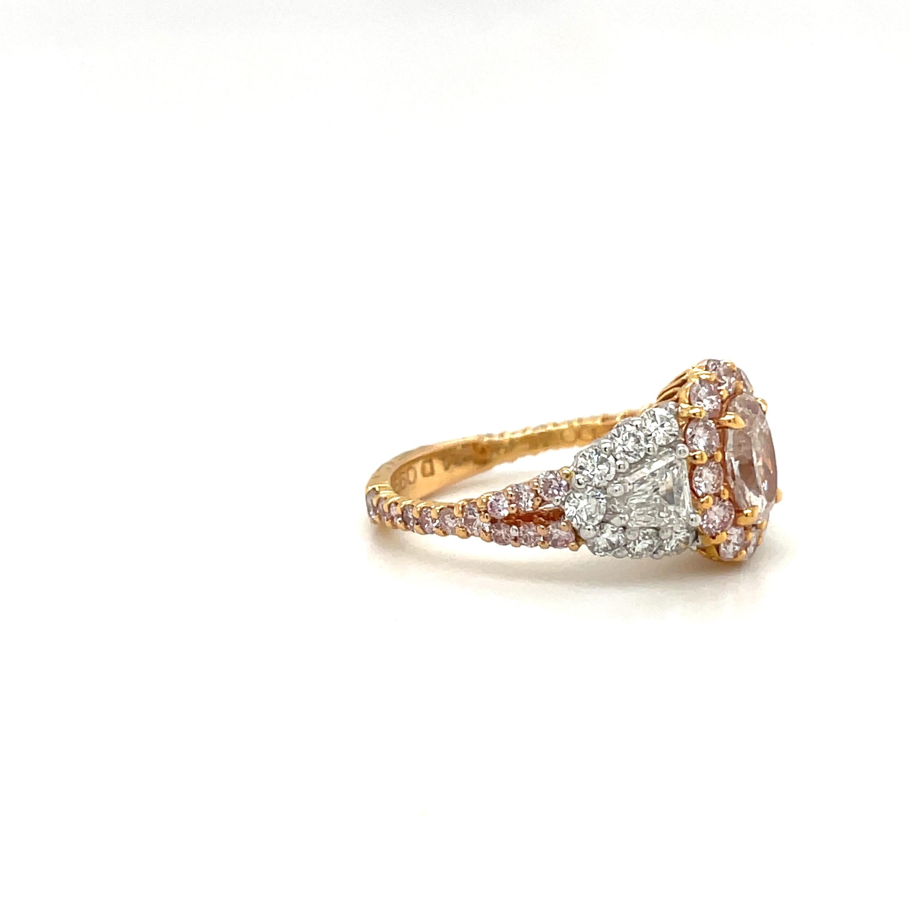Fancy Light Pink Diamond Ring with White Diamonds Set in Rose Gold and Platinum In New Condition For Sale In New York, NY