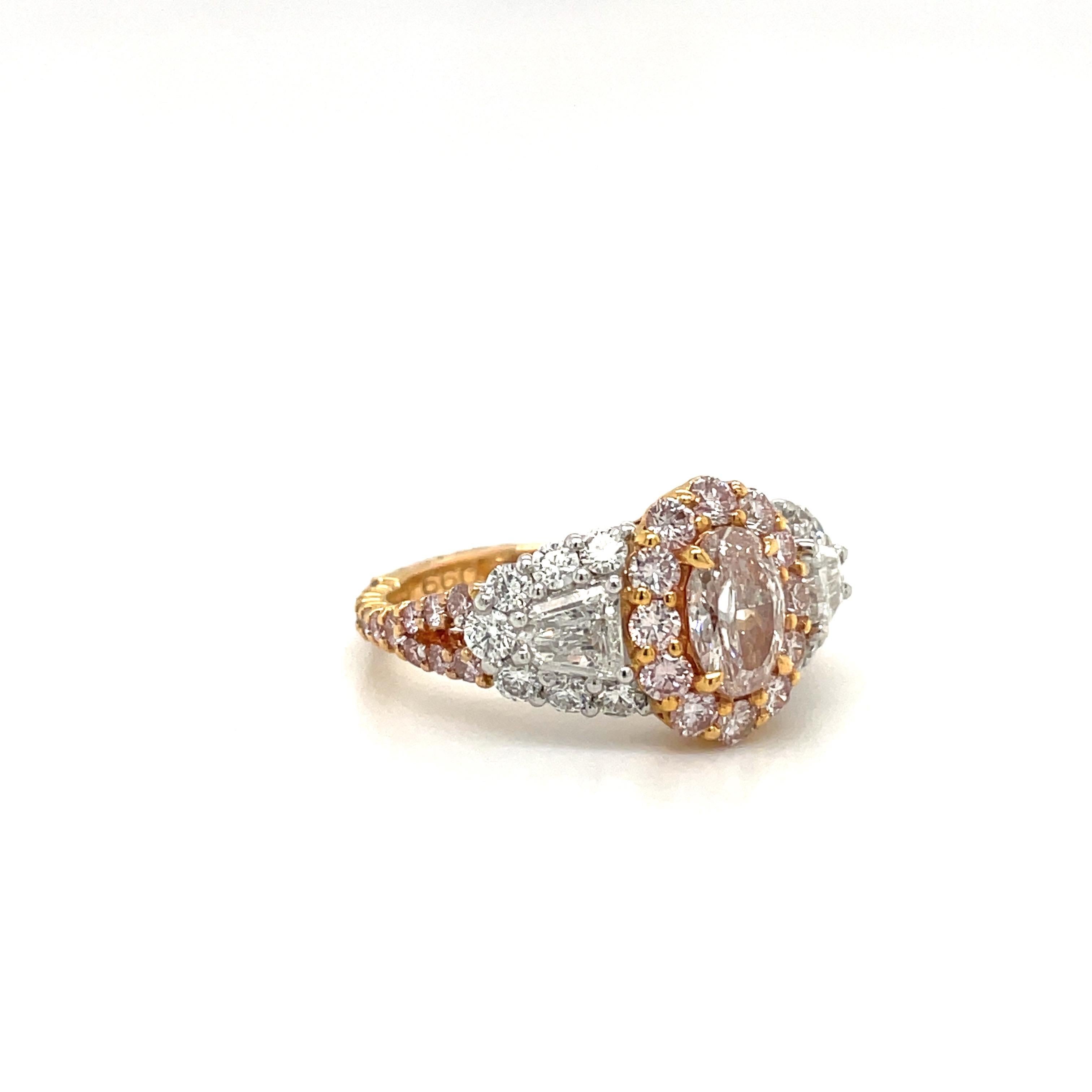 Fancy Light Pink Diamond Ring with White Diamonds Set in Rose Gold and Platinum For Sale 1