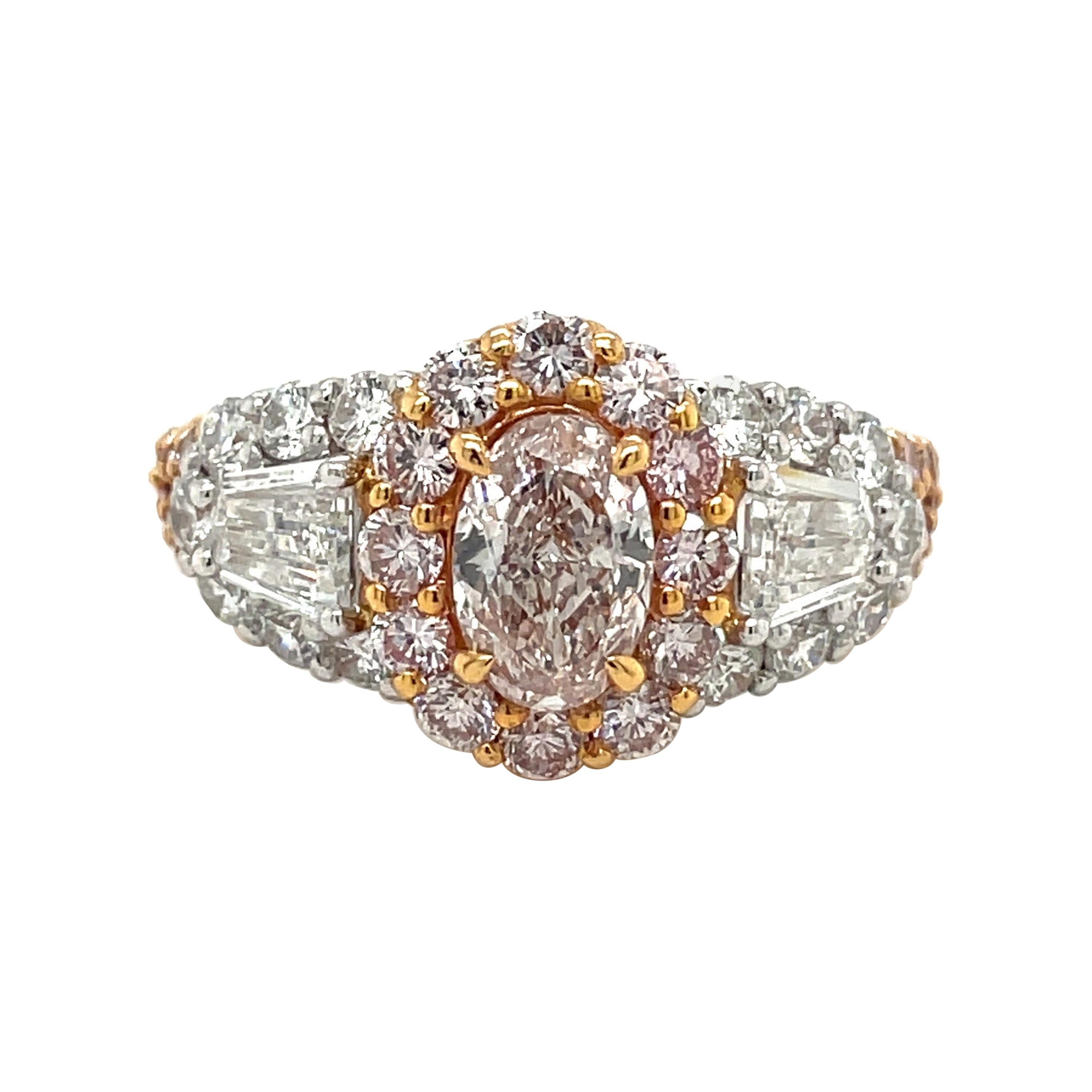 Fancy Light Pink Diamond Ring with White Diamonds Set in Rose Gold and Platinum For Sale