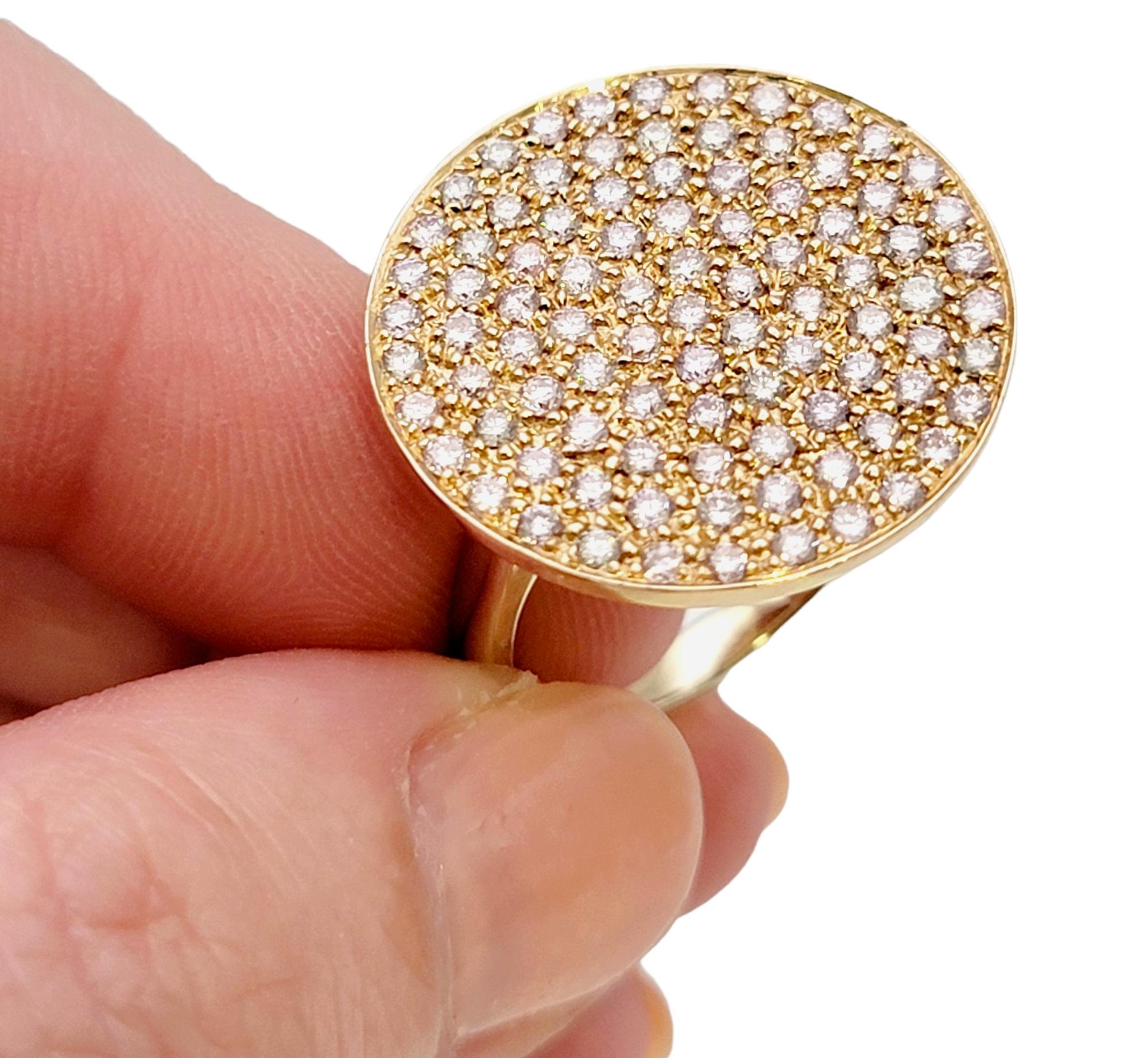 Fancy Light Pink Pave Diamond Disc Cocktail Ring 18 Karat Rose and Yellow Gold For Sale 4