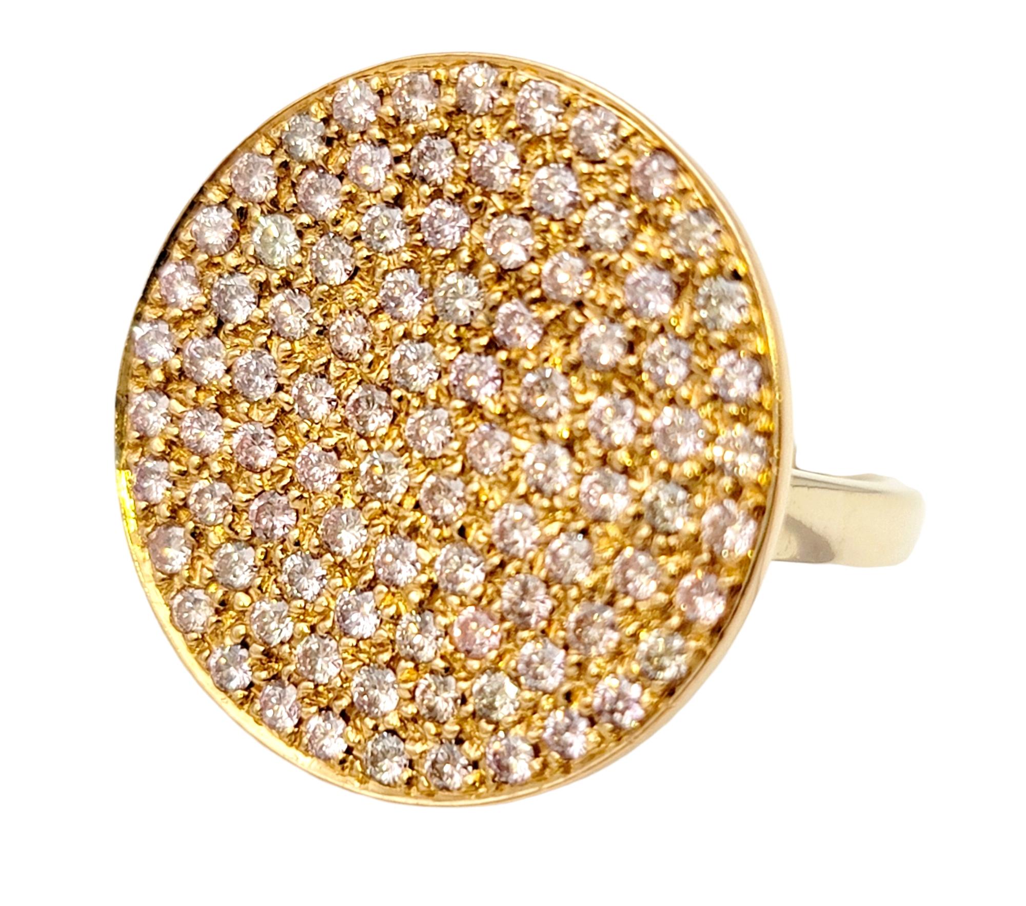 Contemporary Fancy Light Pink Pave Diamond Disc Cocktail Ring 18 Karat Rose and Yellow Gold For Sale