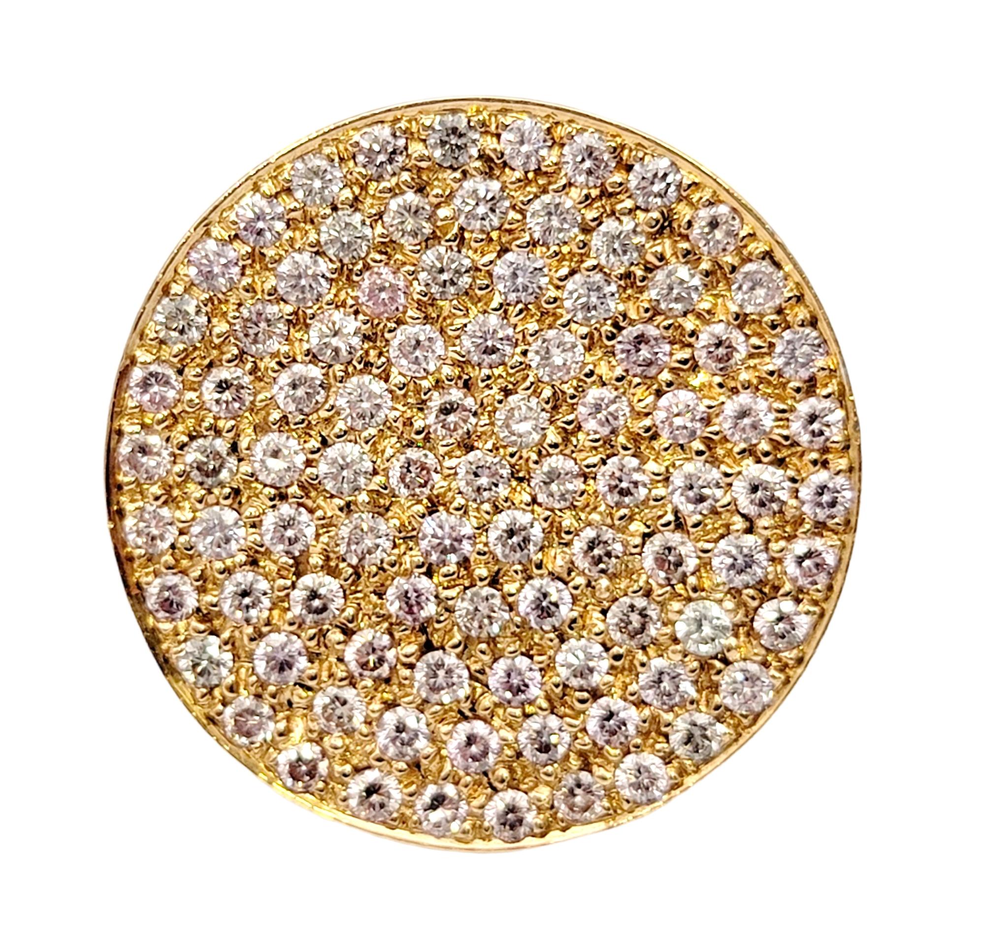 Round Cut Fancy Light Pink Pave Diamond Disc Cocktail Ring 18 Karat Rose and Yellow Gold For Sale