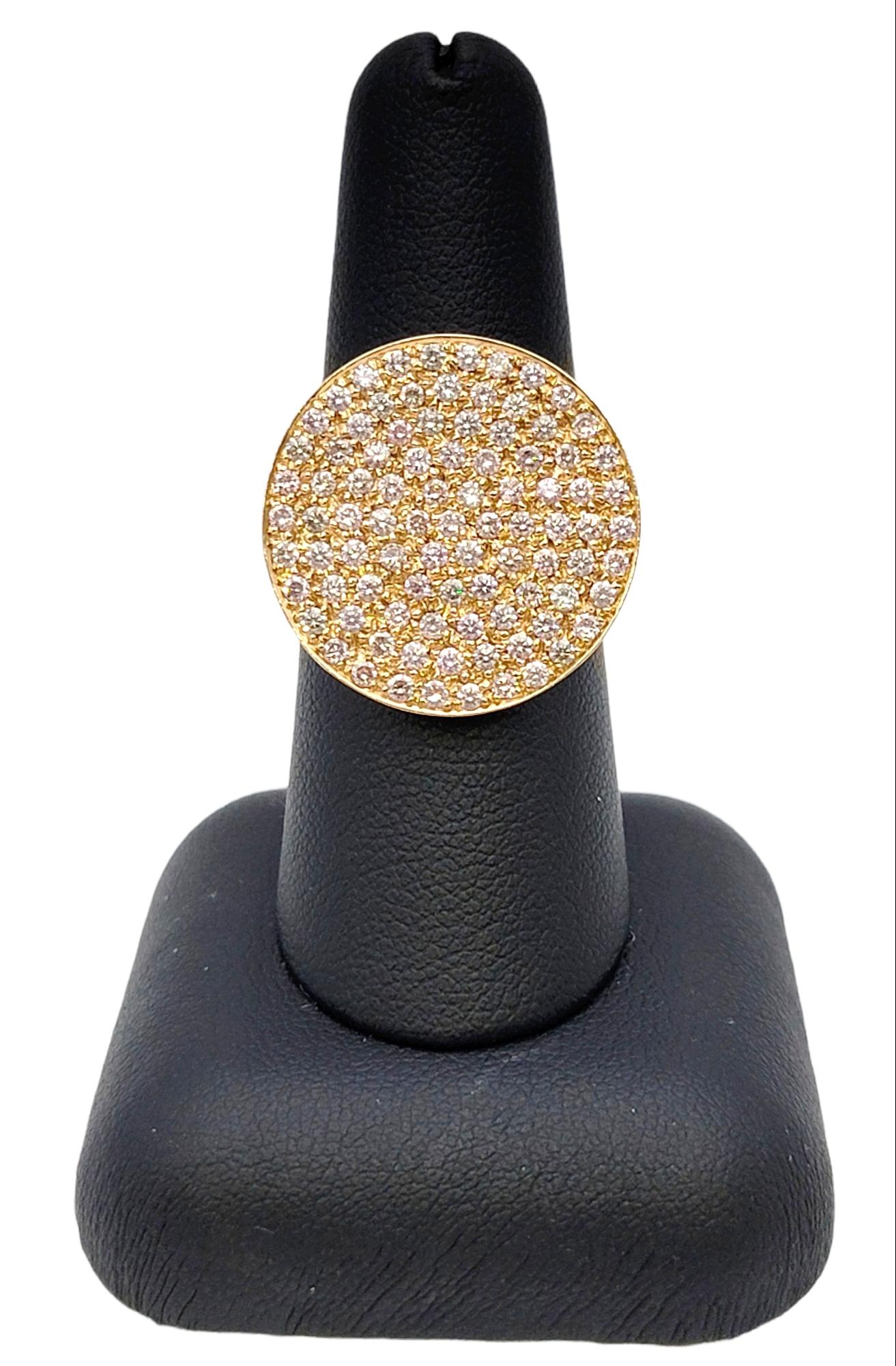 Women's Fancy Light Pink Pave Diamond Disc Cocktail Ring 18 Karat Rose and Yellow Gold For Sale