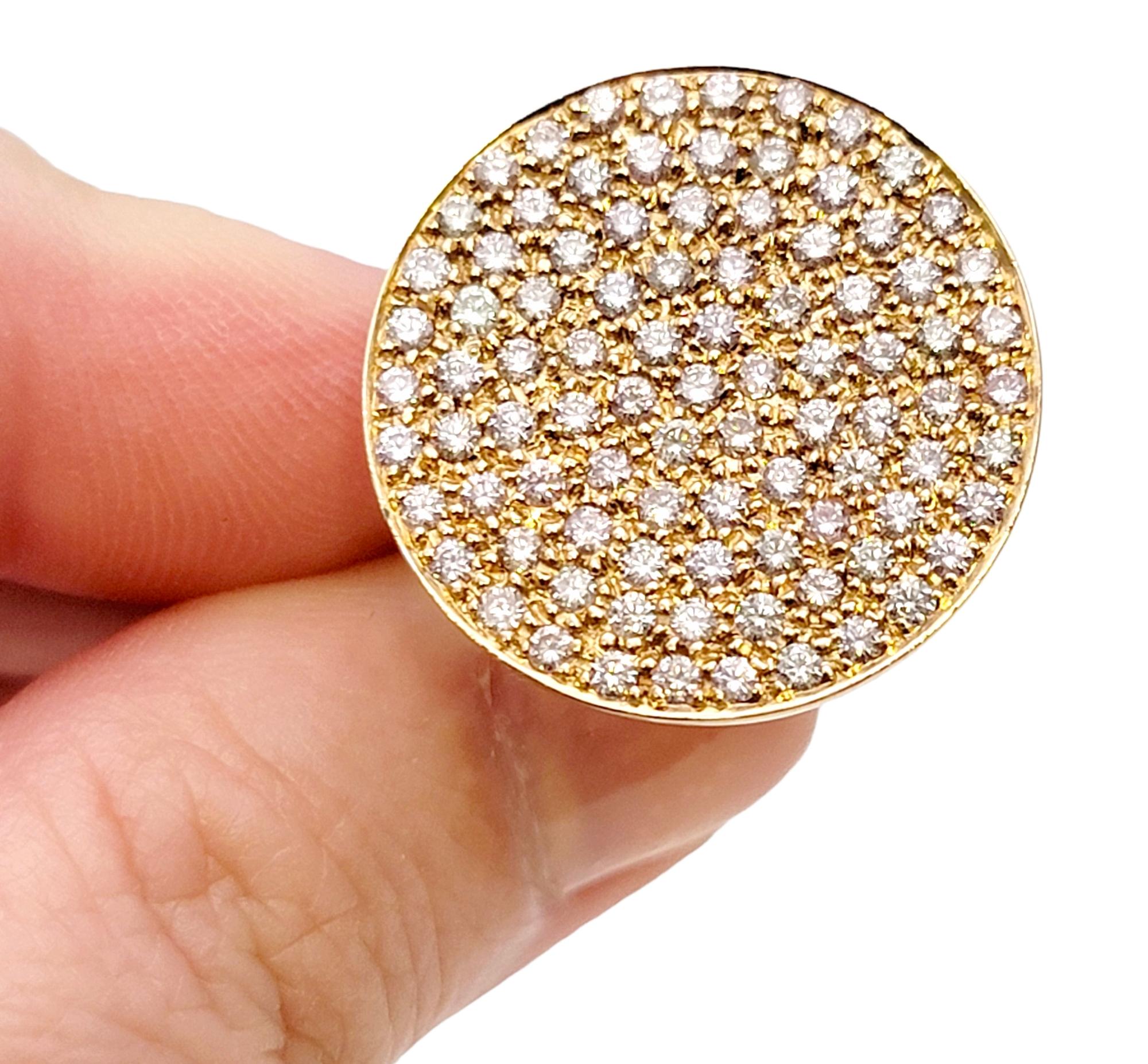 Fancy Light Pink Pave Diamond Disc Cocktail Ring 18 Karat Rose and Yellow Gold For Sale 3
