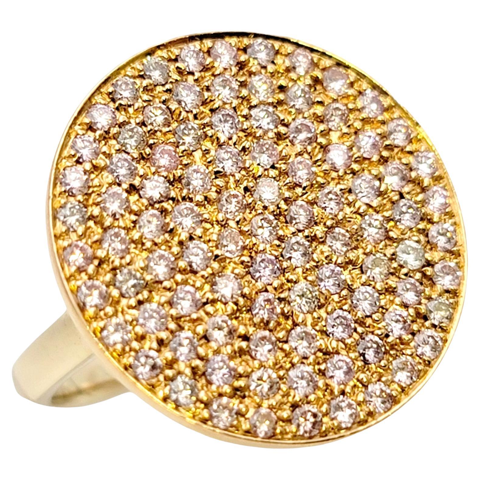 Fancy Light Pink Pave Diamond Disc Cocktail Ring 18 Karat Rose and Yellow Gold For Sale