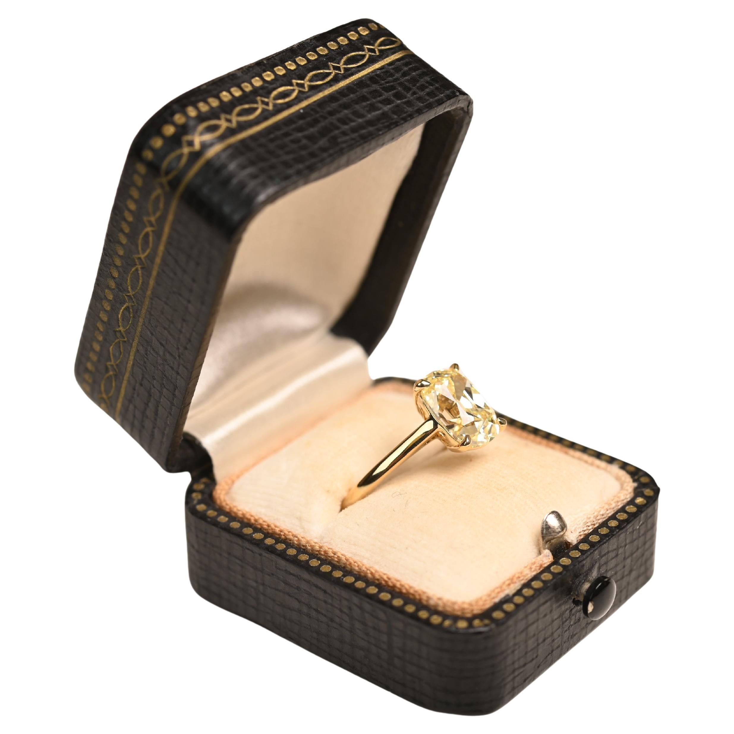 Fancy Light Yellow Antique Cushion Cut Diamond (GIA Approx 2.70-Carats) Ring For Sale