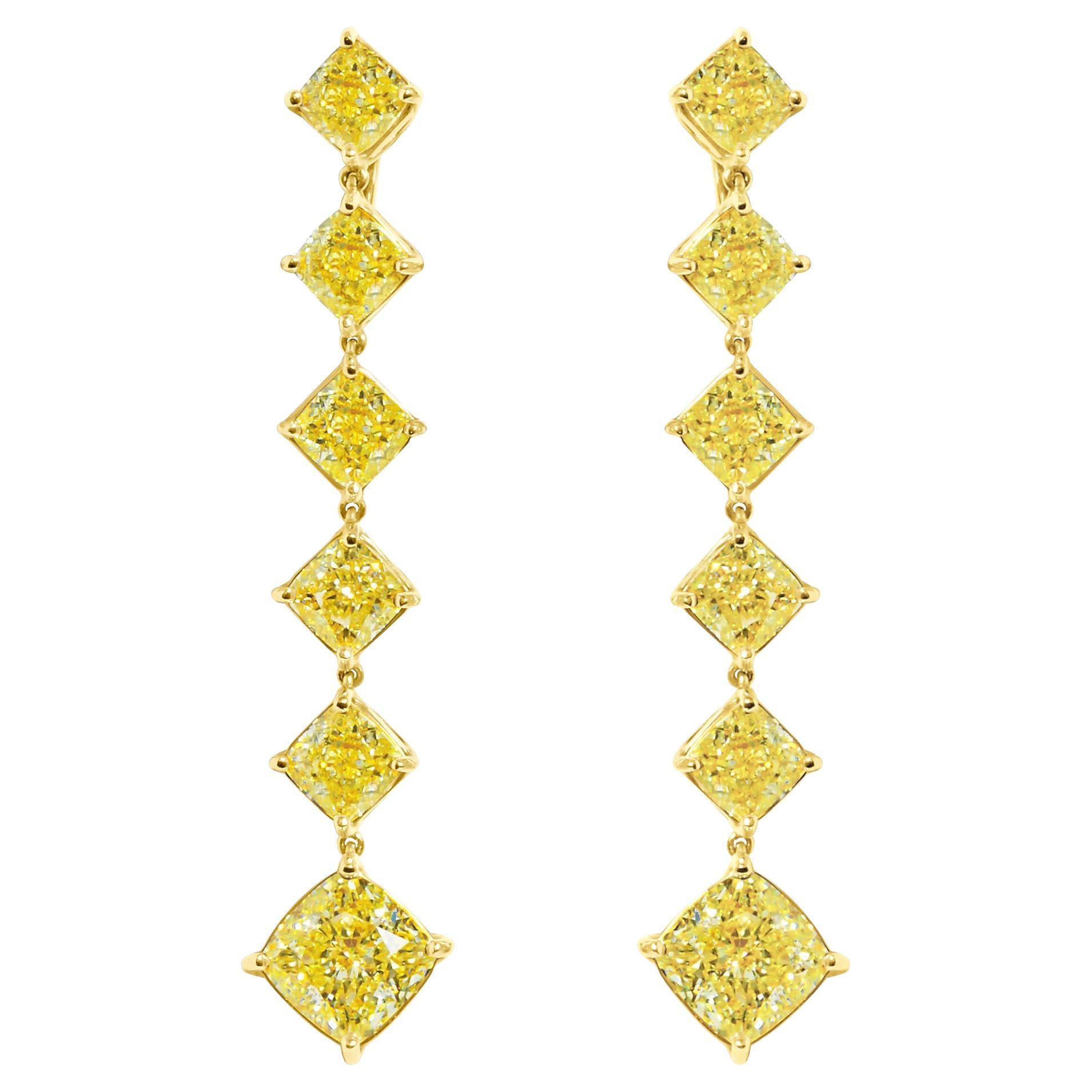 Fancy Light Yellow Diamond Cushion Dangle Earrings, 18 karat yellow gold For Sale