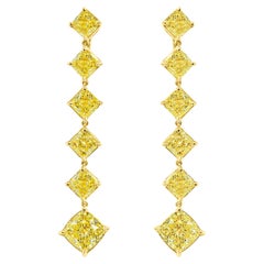 Fancy Light Yellow Diamond Cushion Dangle Earrings, 18 karat yellow gold