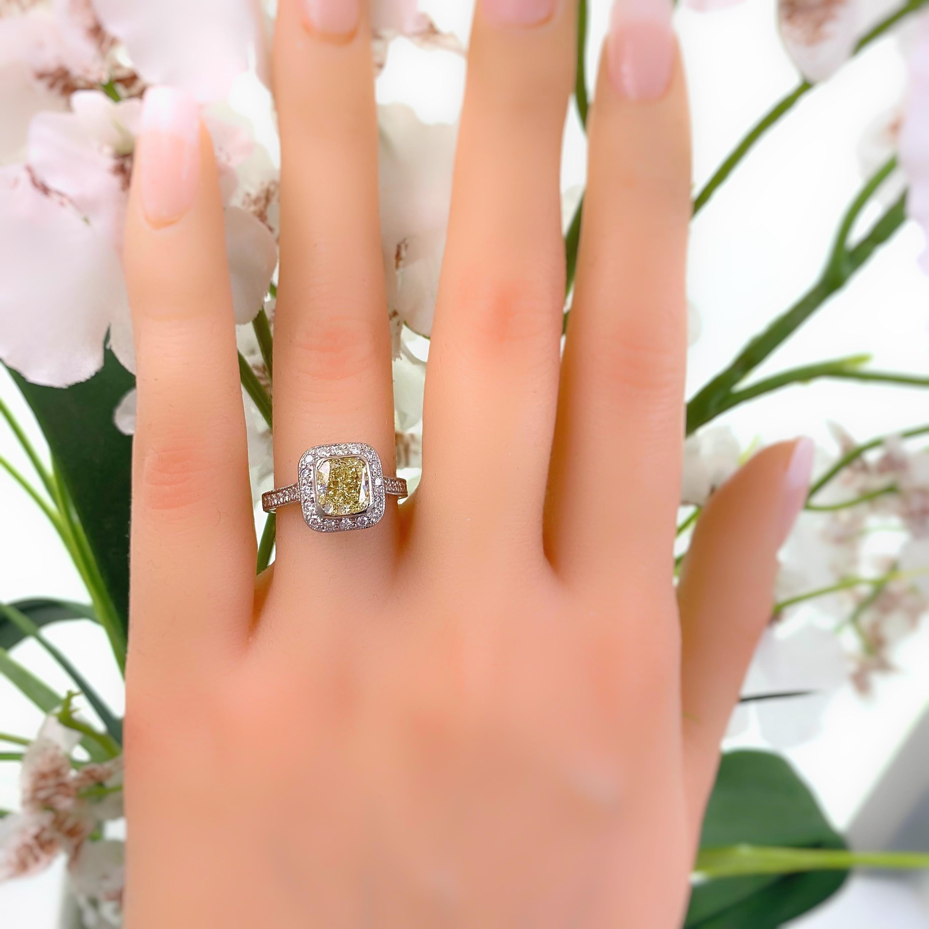 Cushion Cut Fancy Light Yellow Cushion Diamond 2.01 Carat Halo Engagement Ring GIA Platinum