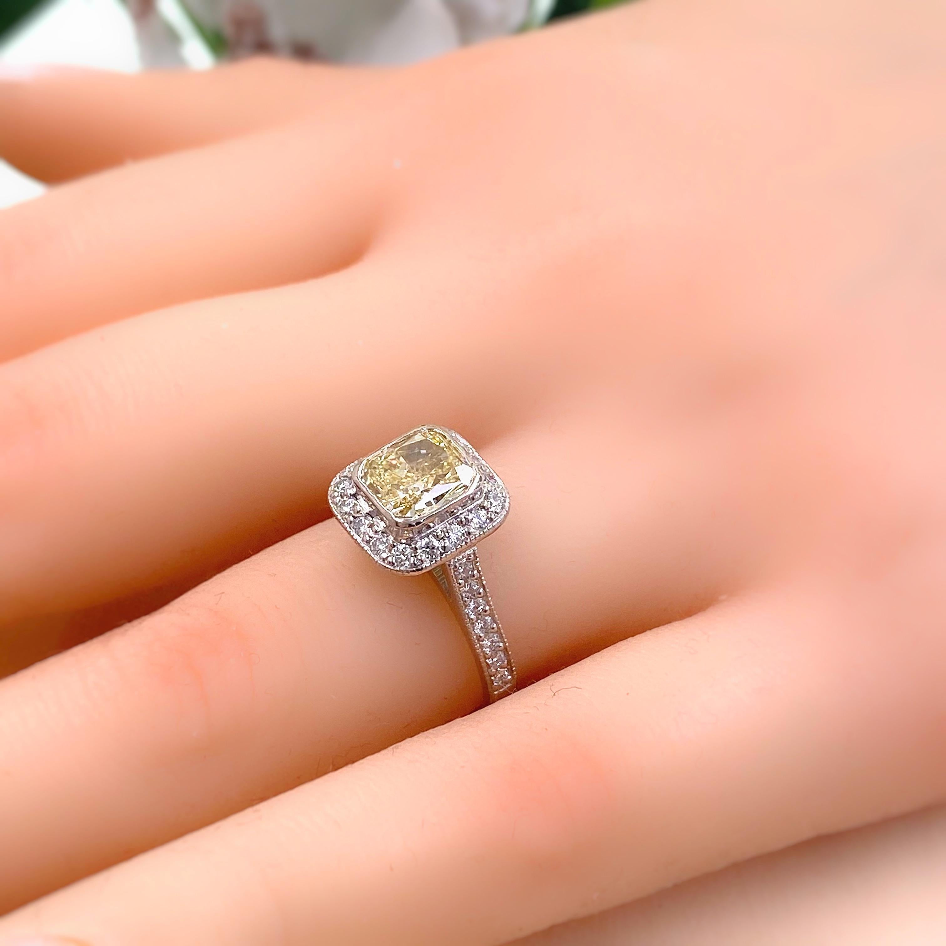 Women's or Men's Fancy Light Yellow Cushion Diamond 2.01 Carat Halo Engagement Ring GIA Platinum