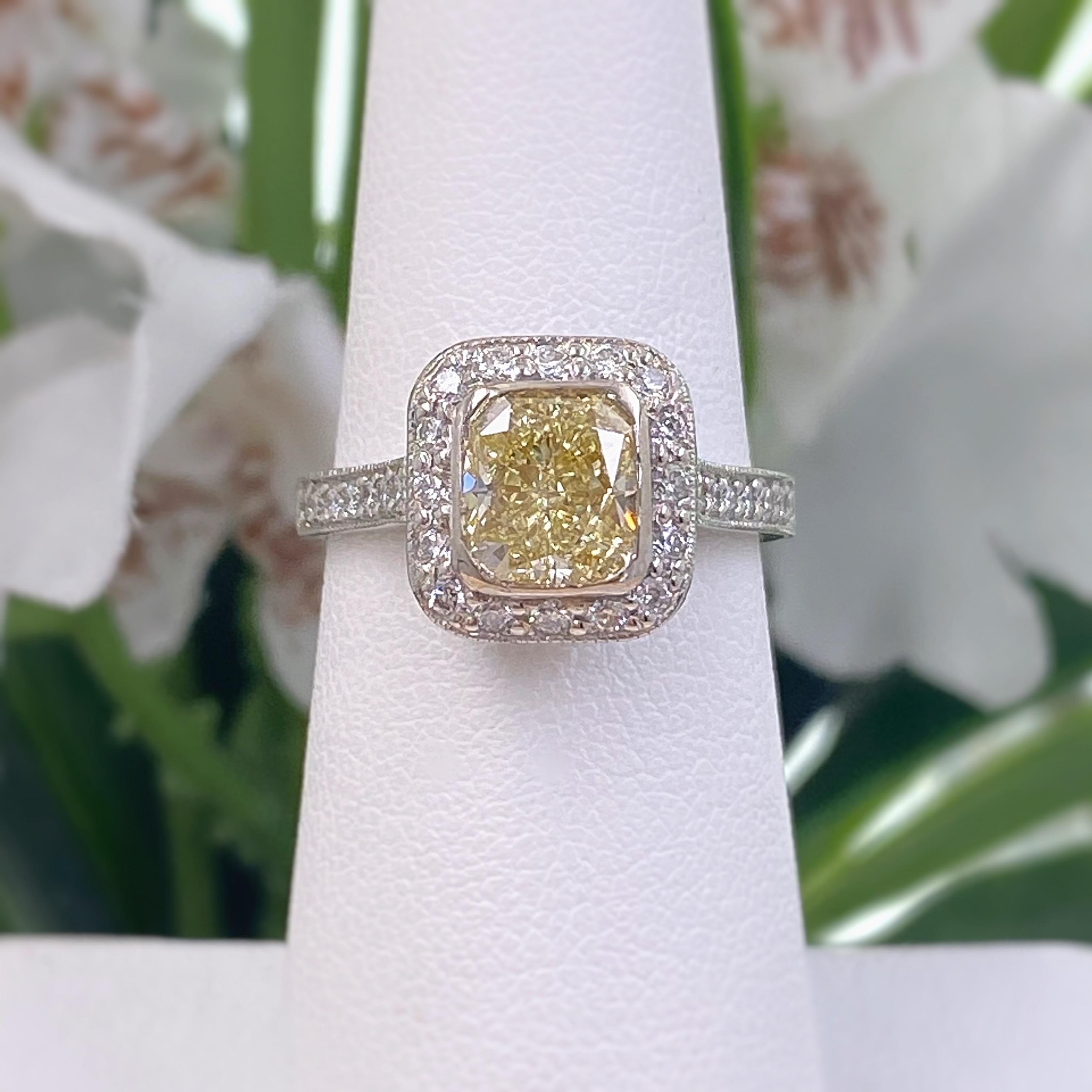 Fancy Light Yellow Cushion Diamond 2.01 Carat Halo Engagement Ring GIA Platinum 1
