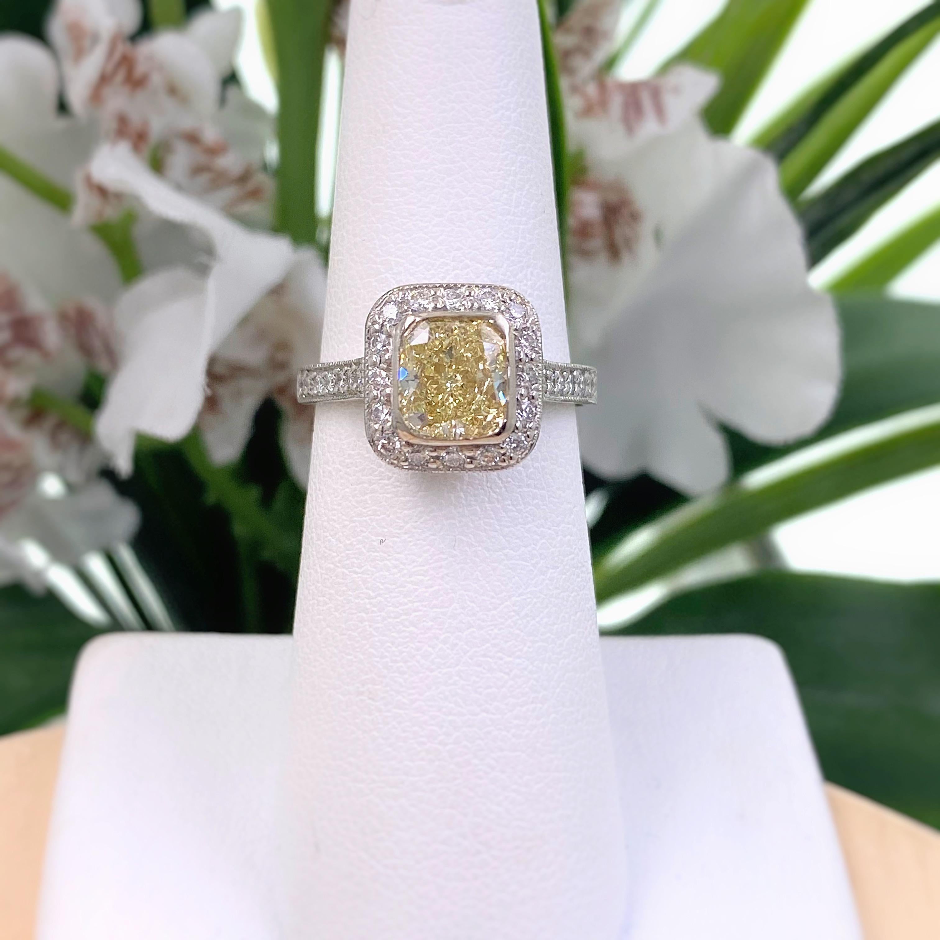 Fancy Light Yellow Cushion Diamond 2.01 Carat Halo Engagement Ring GIA Platinum 2