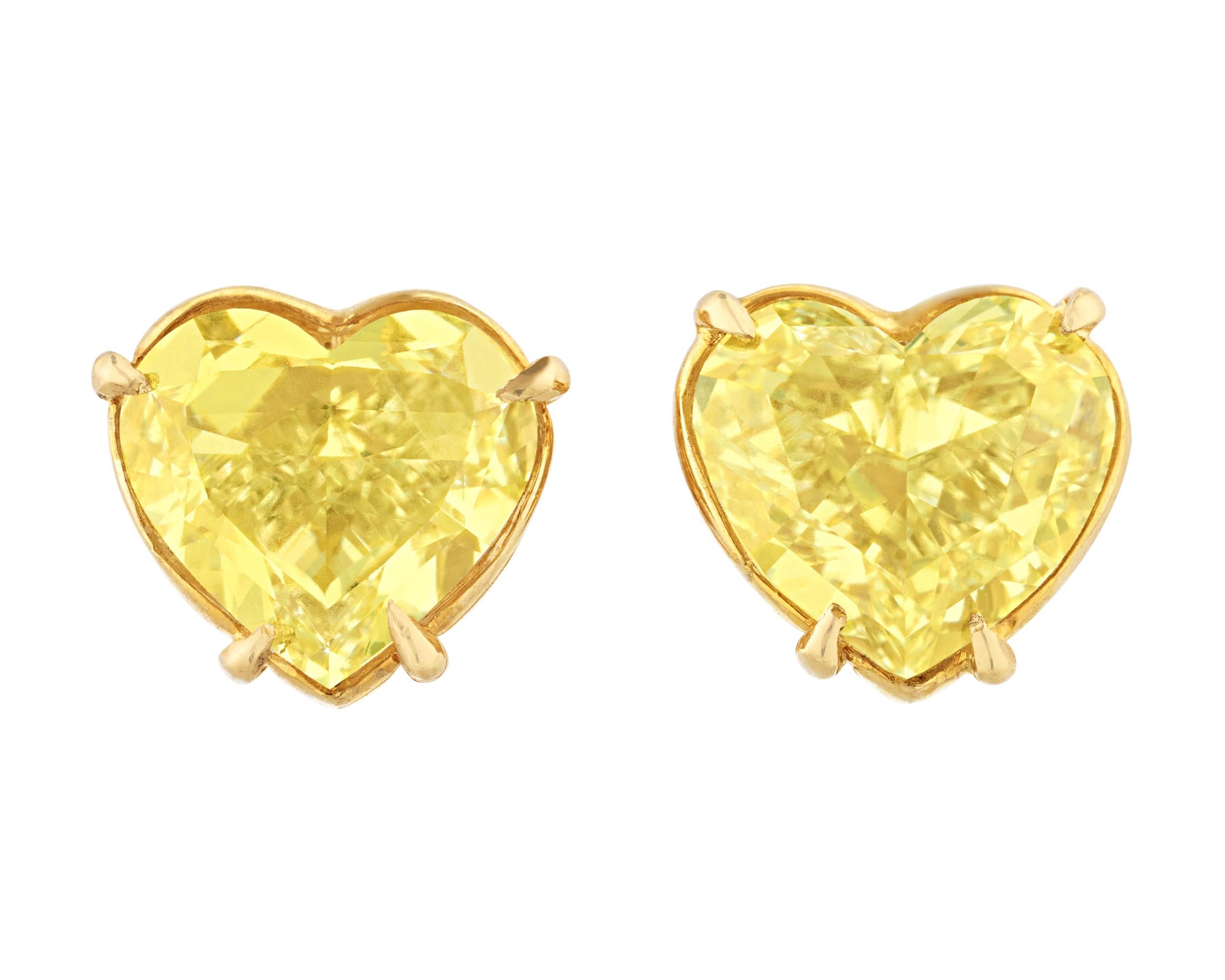 Modern Fancy Light Yellow Diamond Heart Earrings, 4.21 Carats For Sale