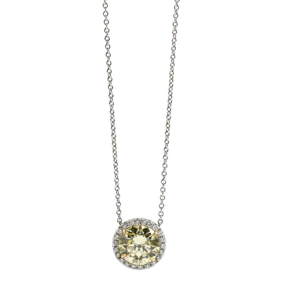 Round Cut GIA Certified Fancy Light Yellow Diamond Pendant Halo Necklace For Sale