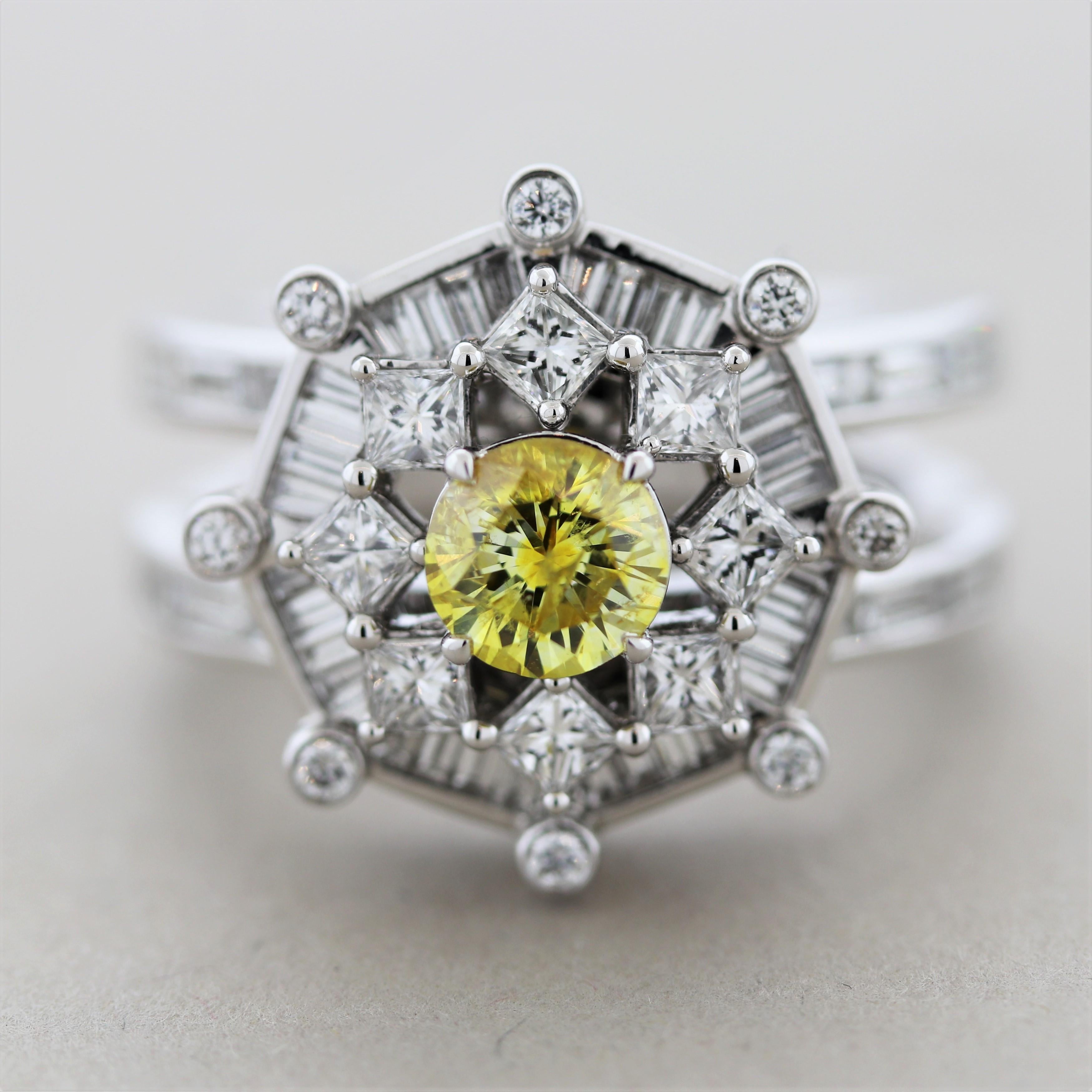 A simple yet classic engagement style ring featuring a 1.46 carat princess-cut diamond with a fancy light yellow color. It is complemented by 4 white baguette-cut diamonds set on its sides. Hand-fabricated in platinum, and ready for any