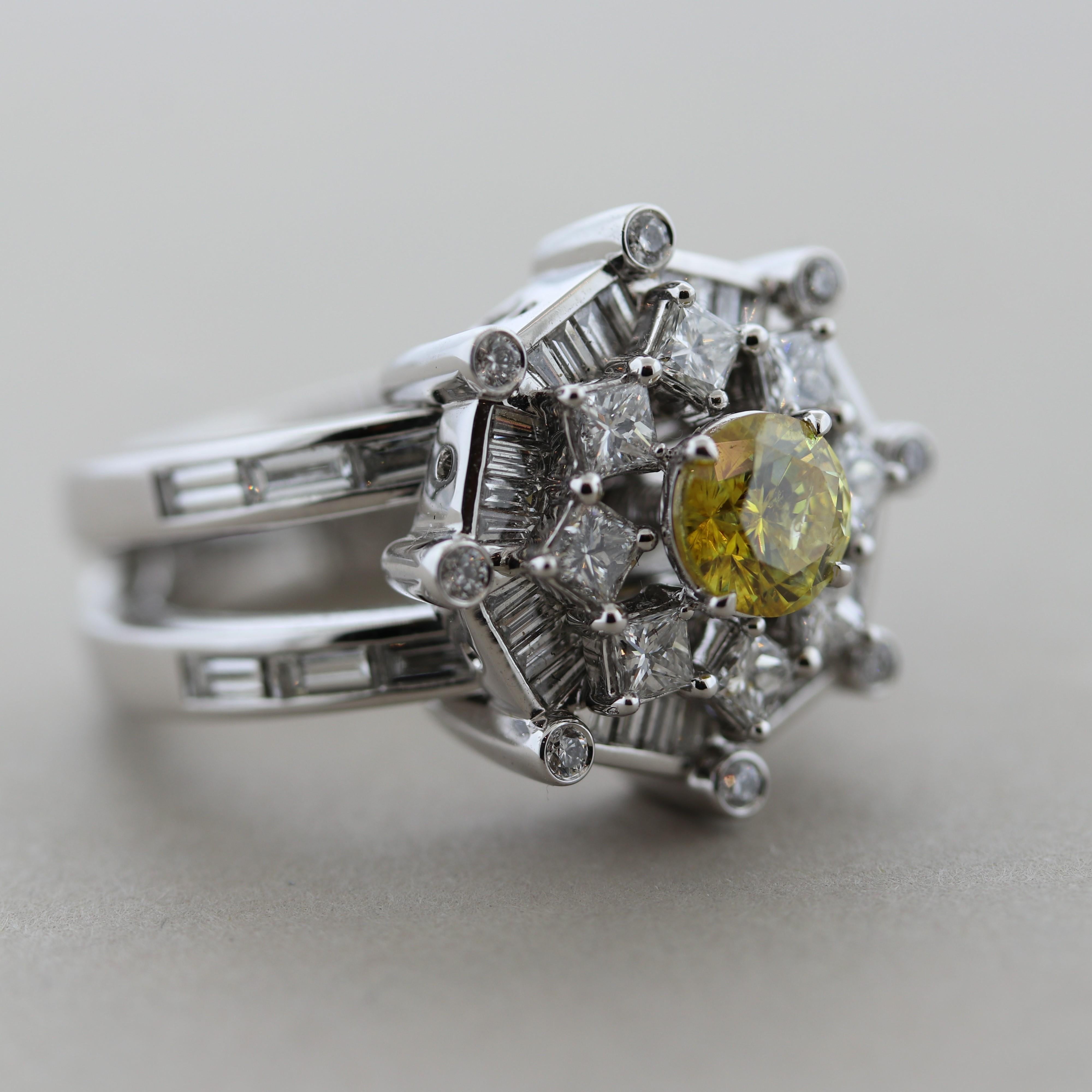 Mixed Cut Fancy Light Yellow Diamond Platinum Engagement Ring For Sale