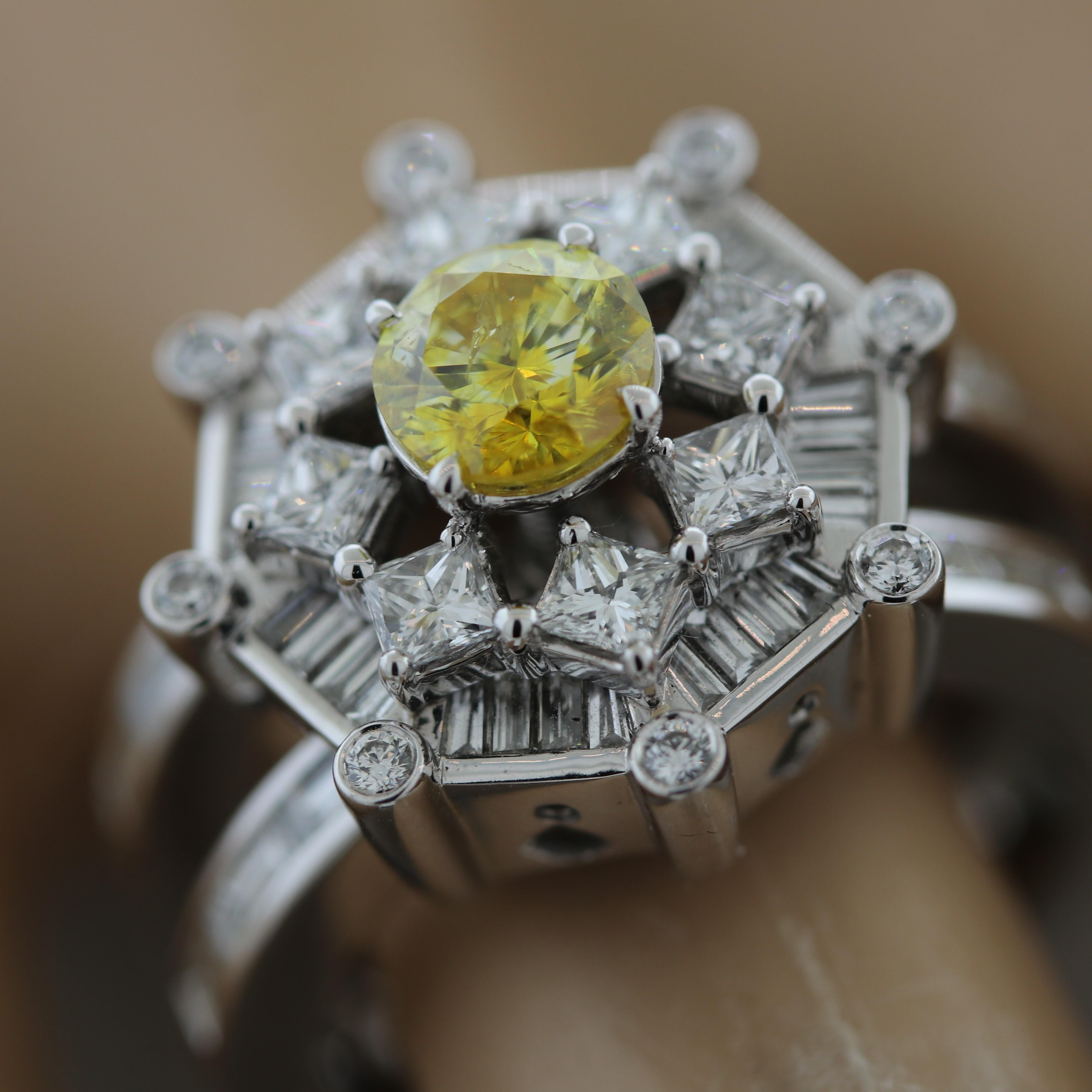 Women's Fancy Light Yellow Diamond Platinum Engagement Ring For Sale