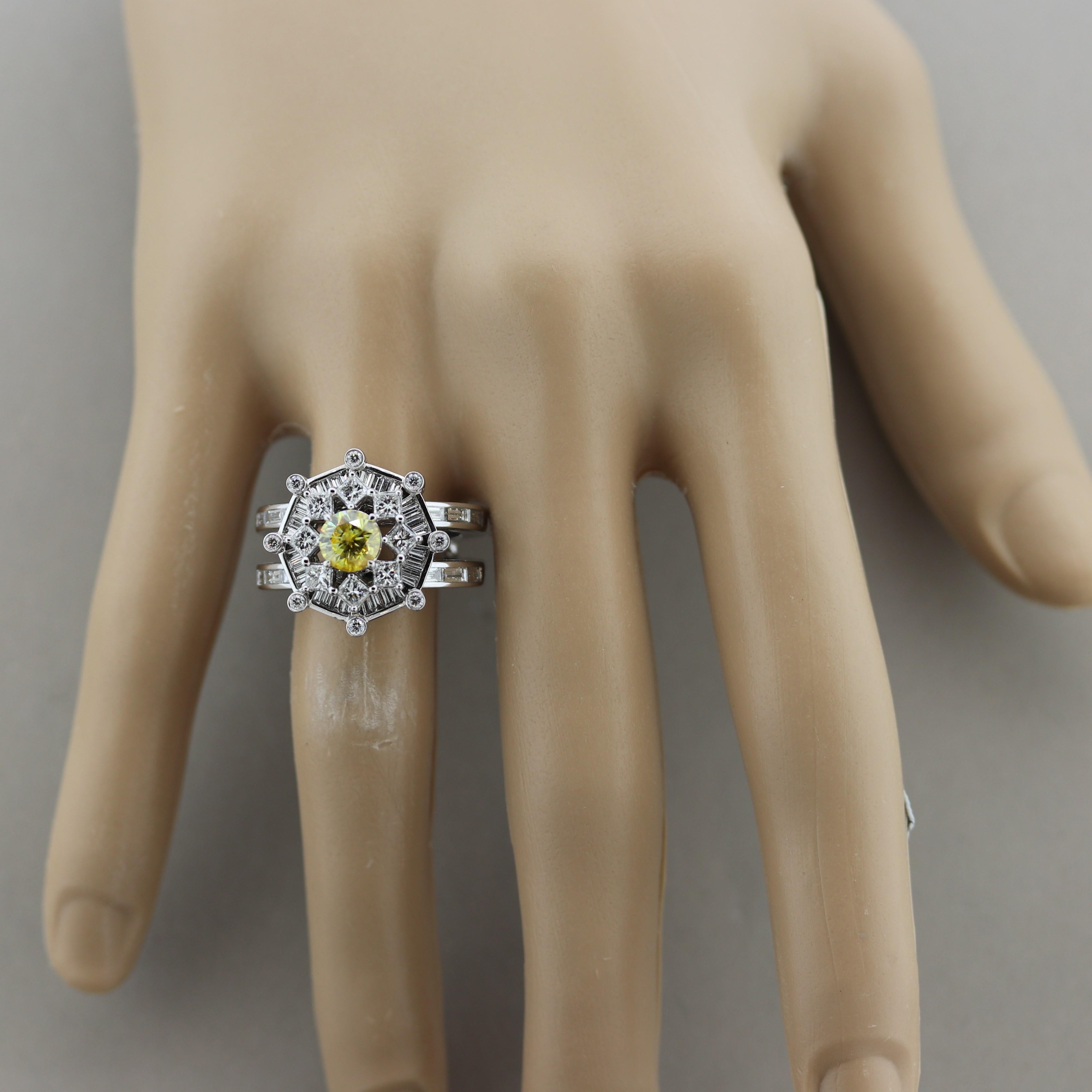 Fancy Light Yellow Diamond Platinum Engagement Ring For Sale 2