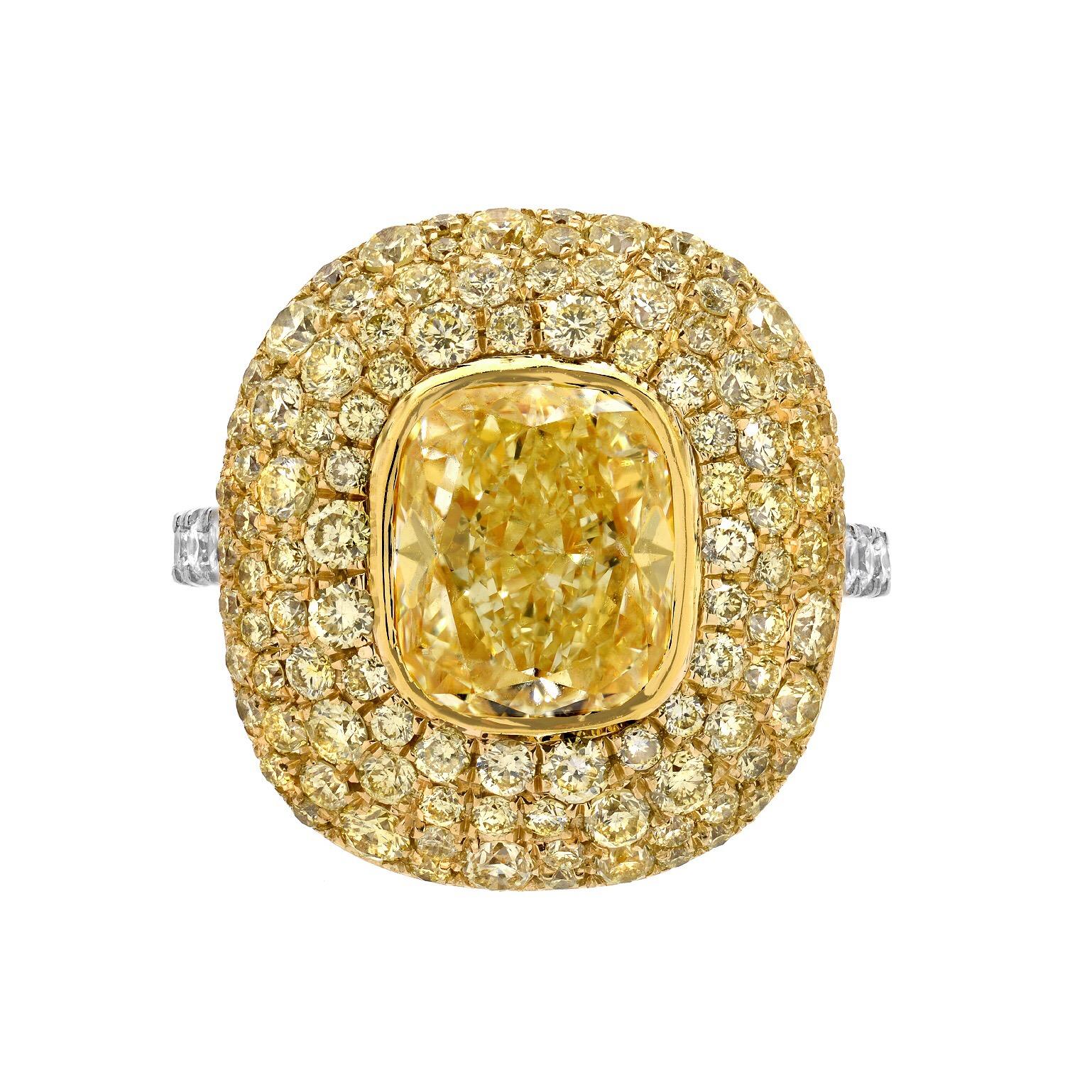Contemporary Fancy Light Yellow Diamond Ring 3.01 Carat Cushion Cut GIA Certified For Sale