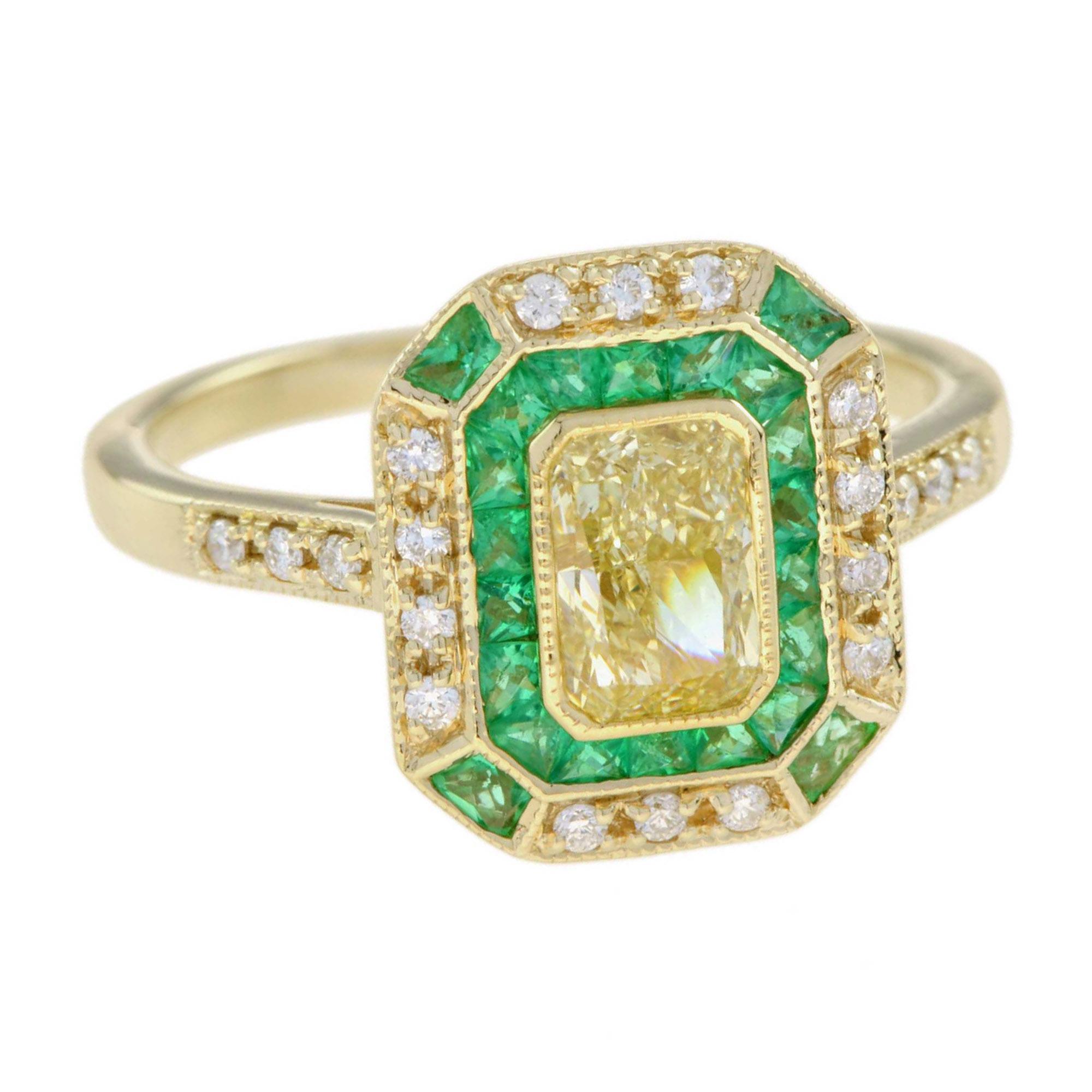 GIA Fancy Light Yellow Diamond with Emerald and Diamond Halo Art Deco Style Ring For Sale 1