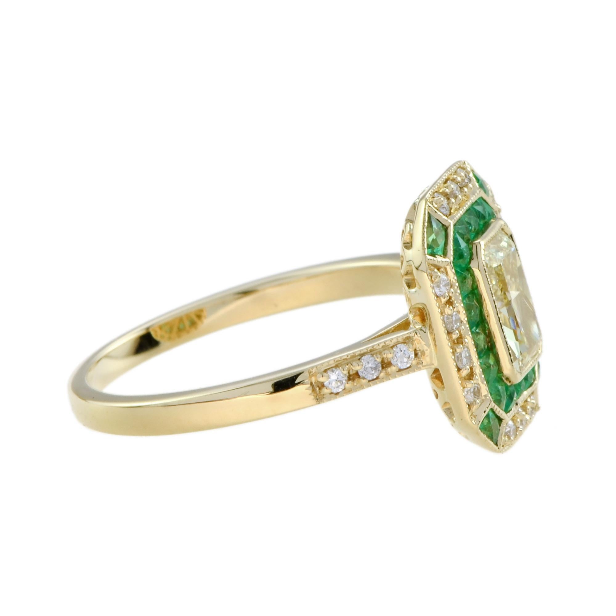 GIA Fancy Light Yellow Diamond with Emerald and Diamond Halo Art Deco Style Ring For Sale 2