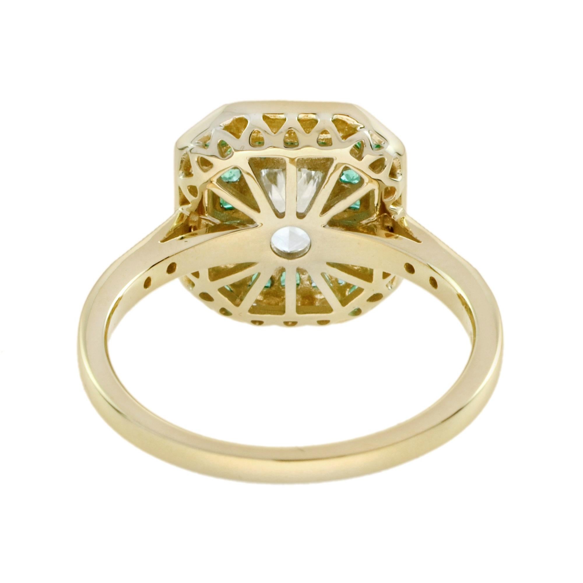 GIA Fancy Light Yellow Diamond with Emerald and Diamond Halo Art Deco Style Ring For Sale 3