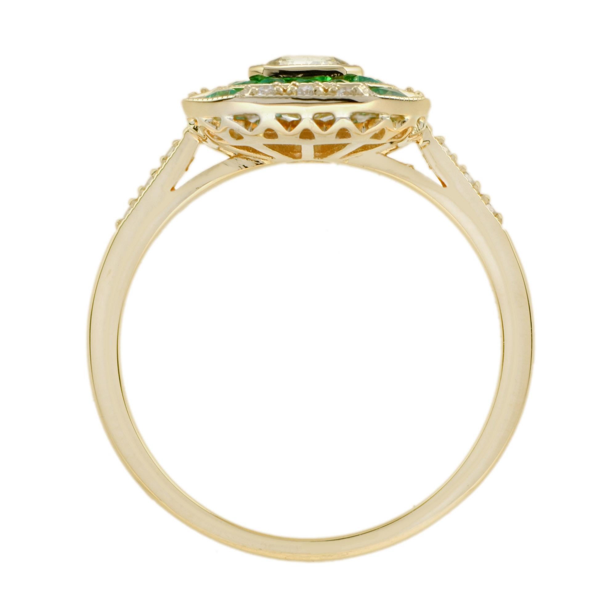 GIA Fancy Light Yellow Diamond with Emerald and Diamond Halo Art Deco Style Ring For Sale 4