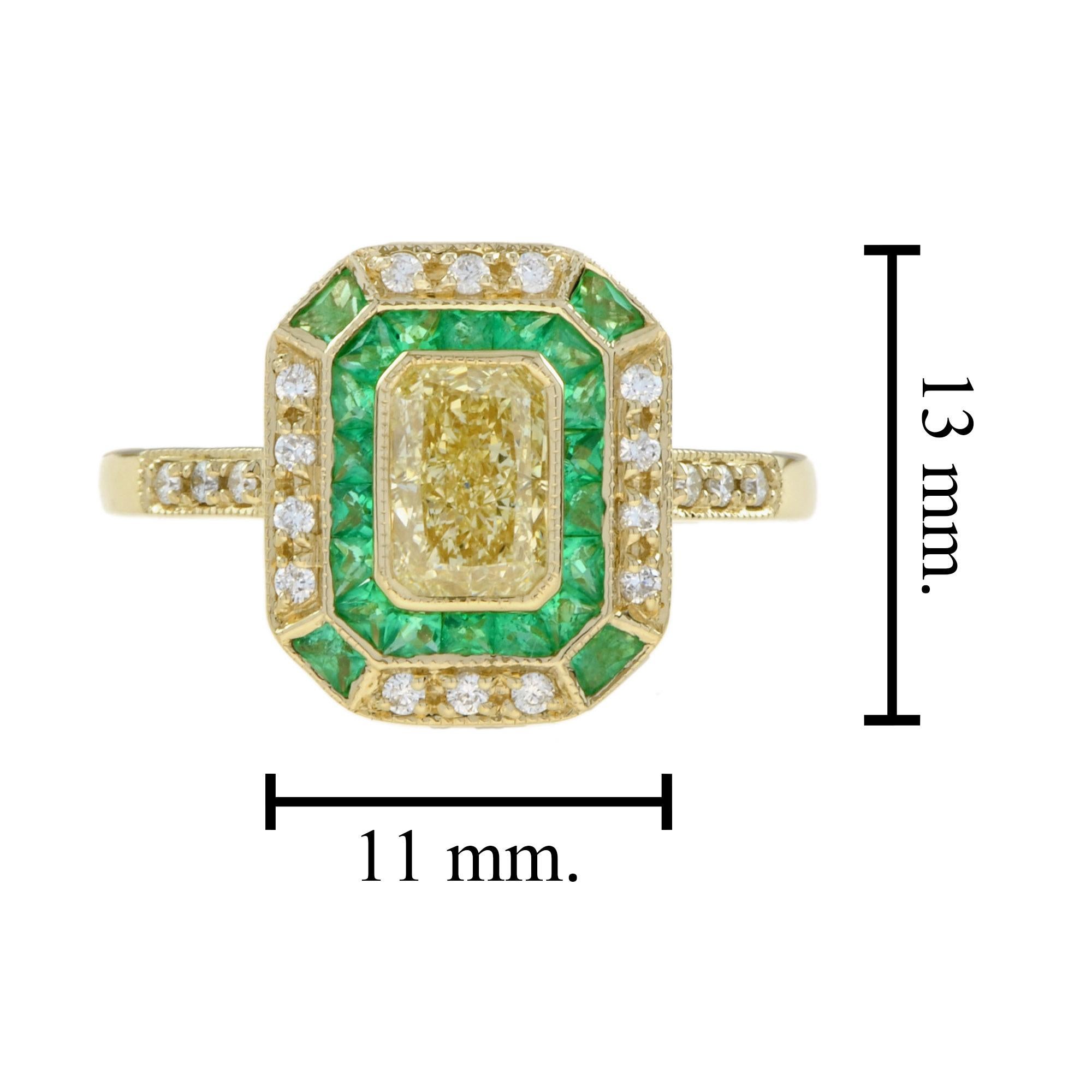 GIA Fancy Light Yellow Diamond with Emerald and Diamond Halo Art Deco Style Ring For Sale 5