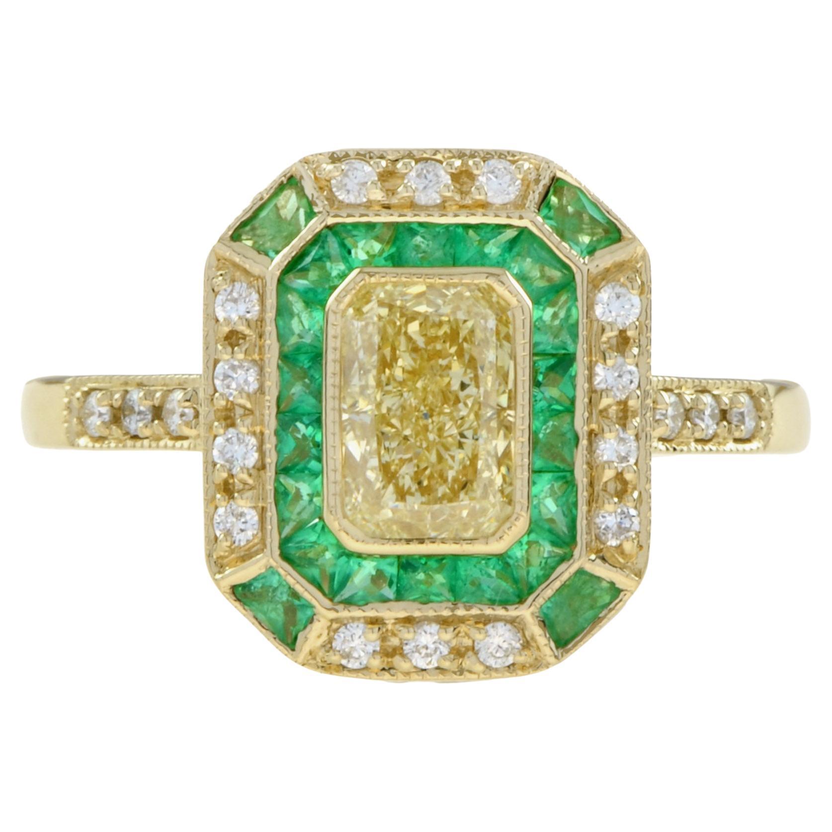 GIA Fancy Light Yellow Diamond with Emerald and Diamond Halo Art Deco Style Ring For Sale