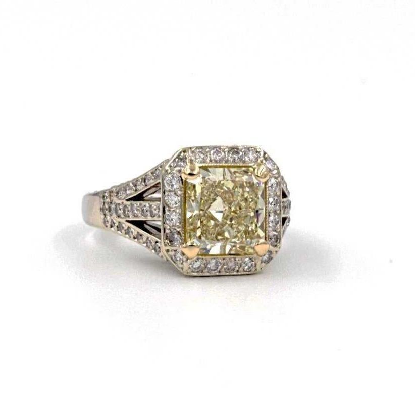 Fancy Light Yellow Radiant Cut and White Diamond Engagement Ring 18k Two Tone In New Condition For Sale In Los Gatos, CA