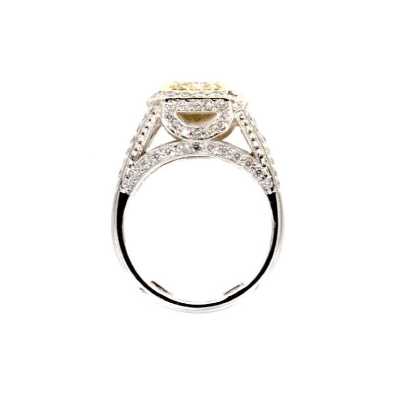 Women's or Men's Fancy Light Yellow Radiant Cut and White Diamond Engagement Ring 18k Two Tone For Sale
