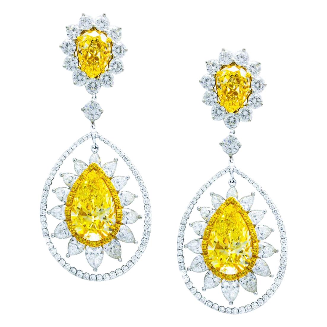 Fancy Light Yellow Stones Earrings with Pear and Round Shape White Diamonds For Sale