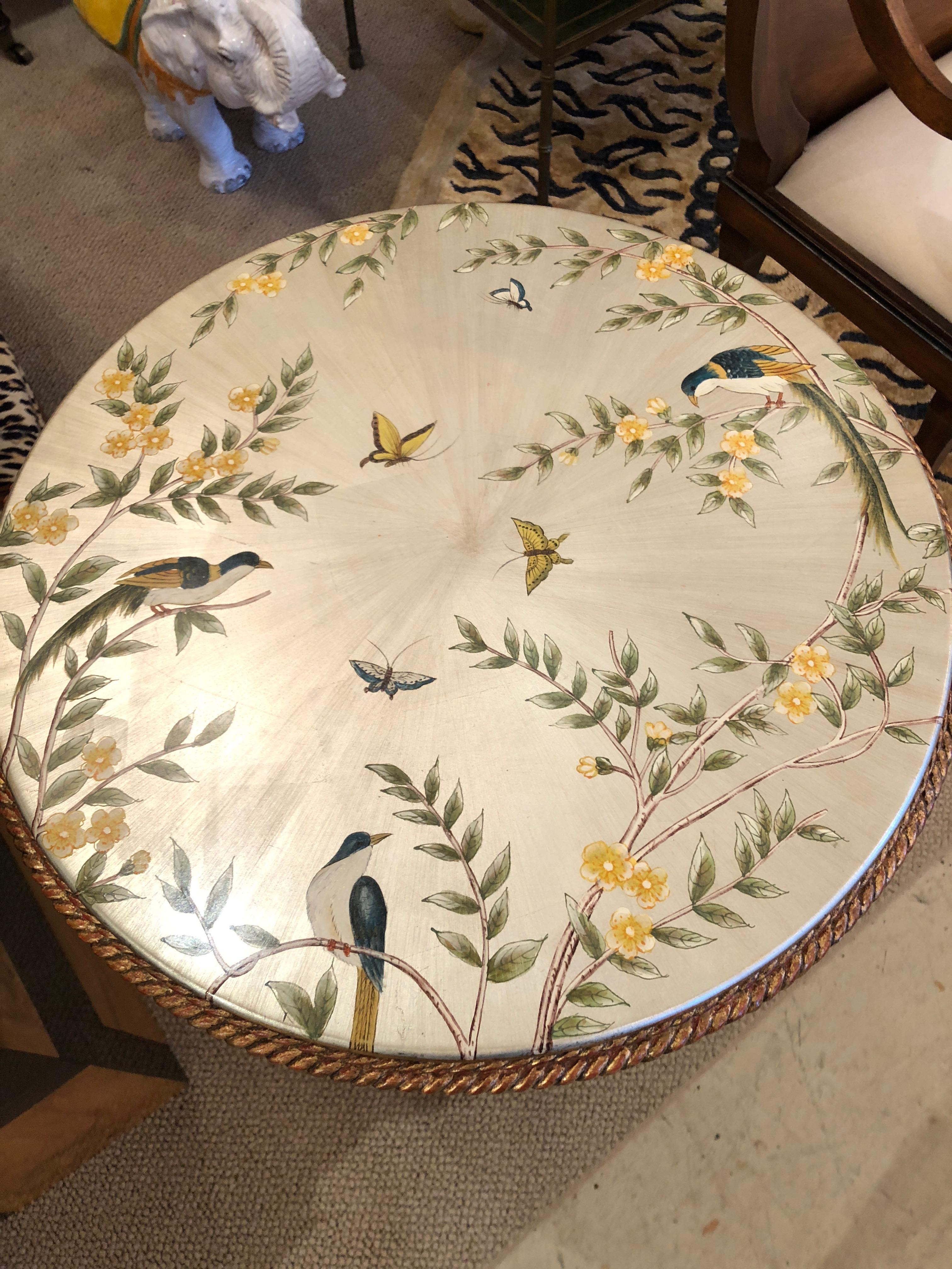 Wood Fancy Lillian August Silver Leaf Side Table Adorned with Flowers and Birds