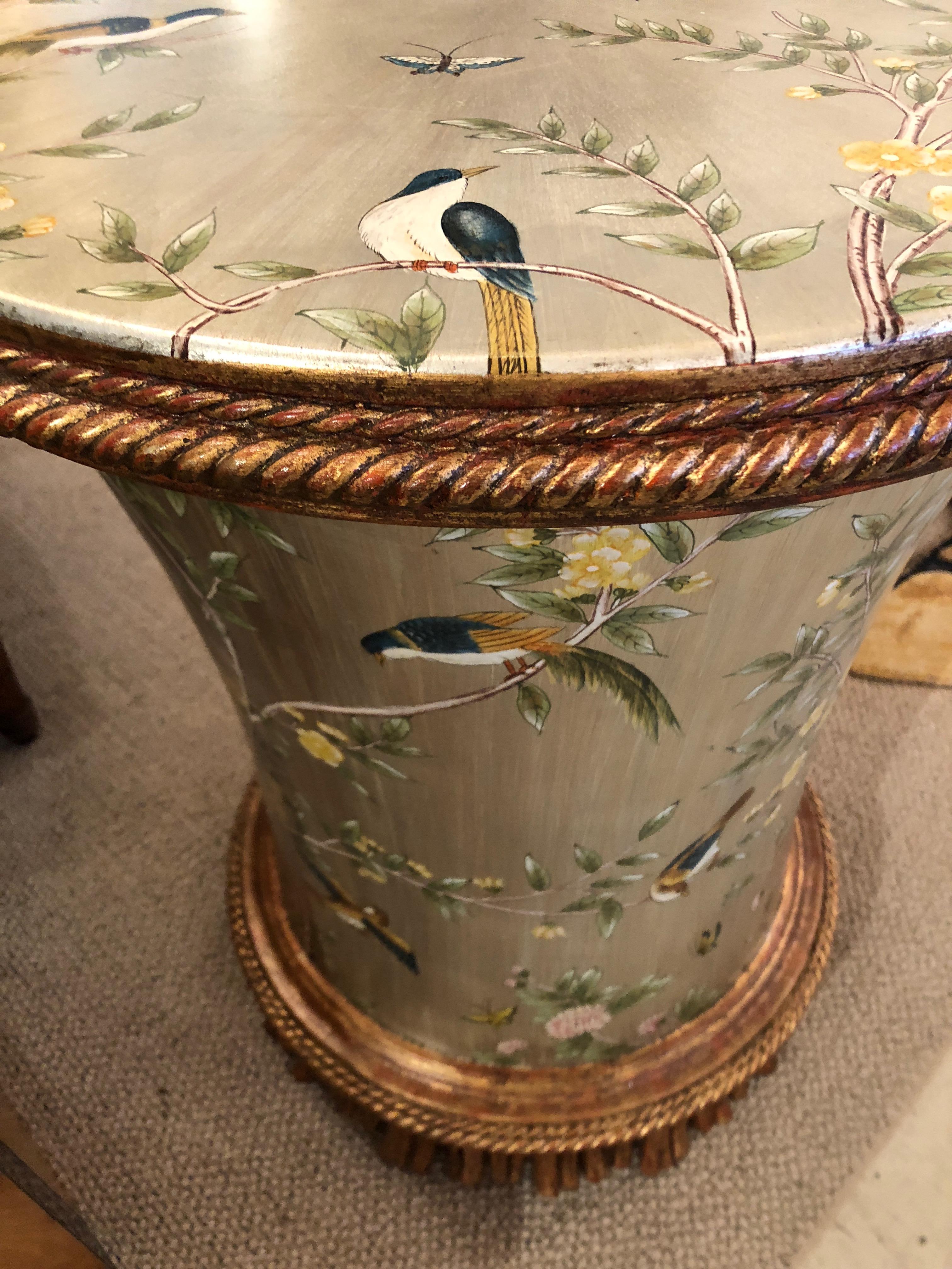 Fancy Lillian August Silver Leaf Side Table Adorned with Flowers and Birds 1