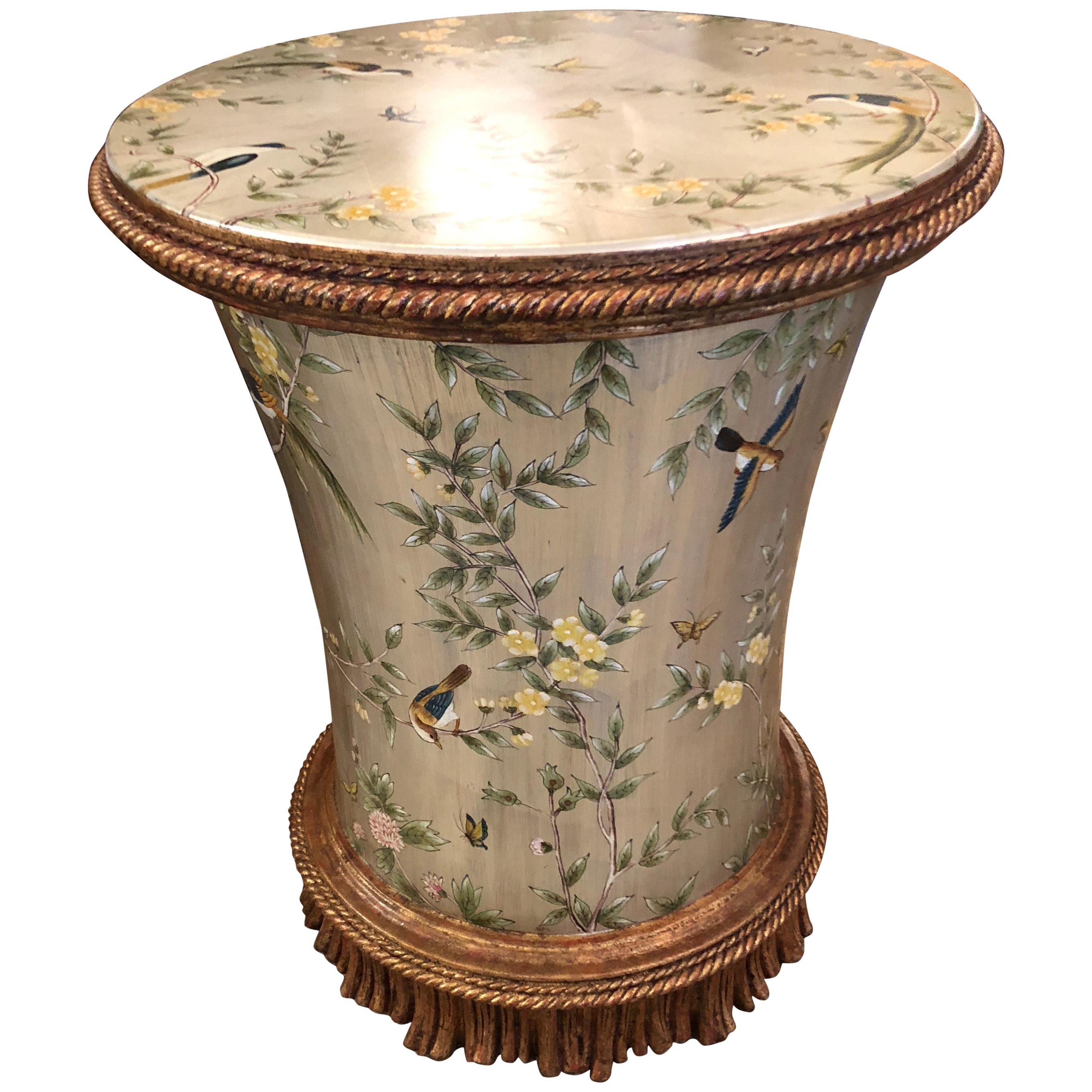 Fancy Lillian August Silver Leaf Side Table Adorned with Flowers and Birds