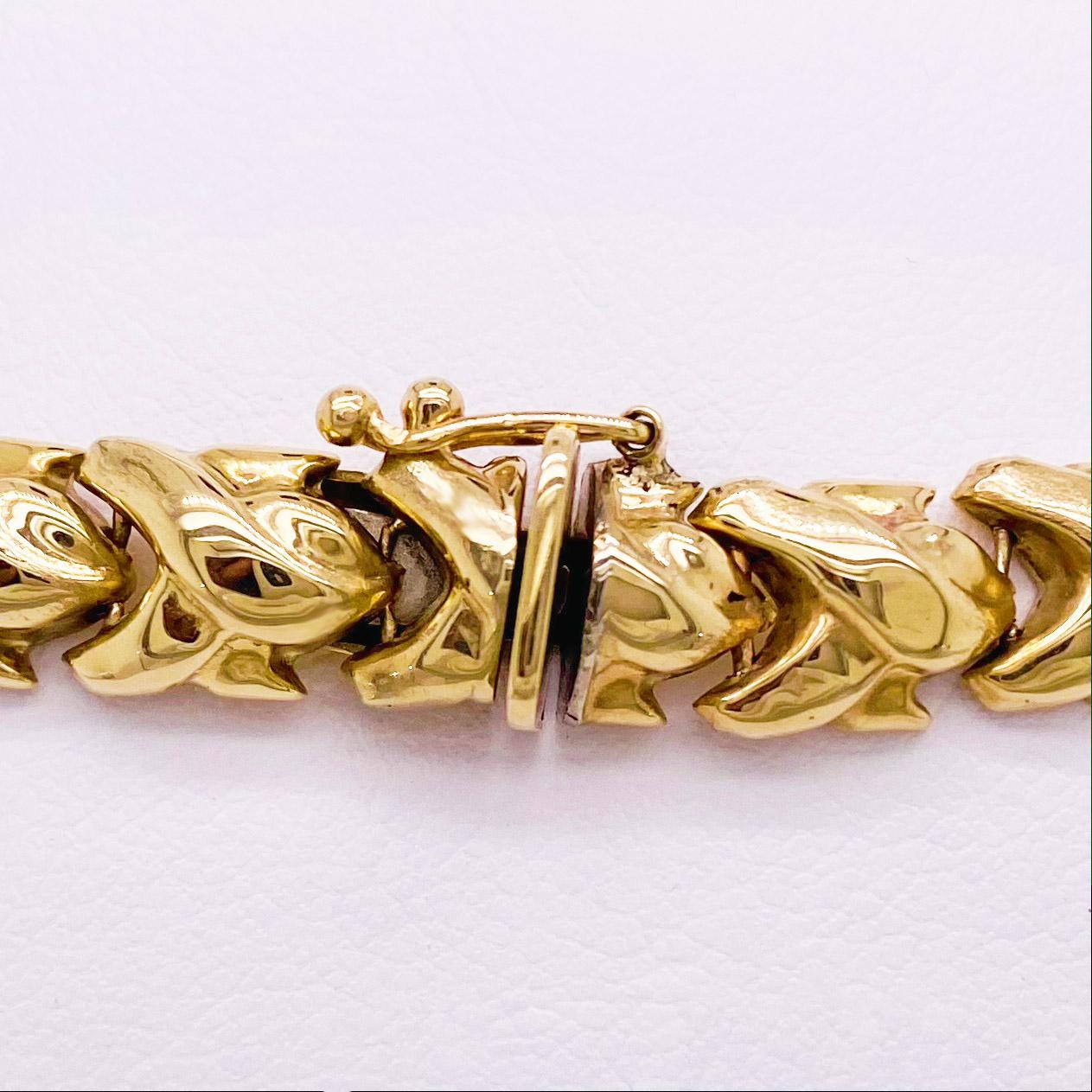 Modern Fancy Link Bracelet, 10 Karat Yellow Gold, Handmade, Link Bracelet, Safety Latch For Sale