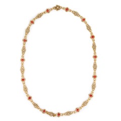 Fancy Link Coral Necklace Heavy 70 Grams Vintage 18k Yellow Gold 25.5" Length