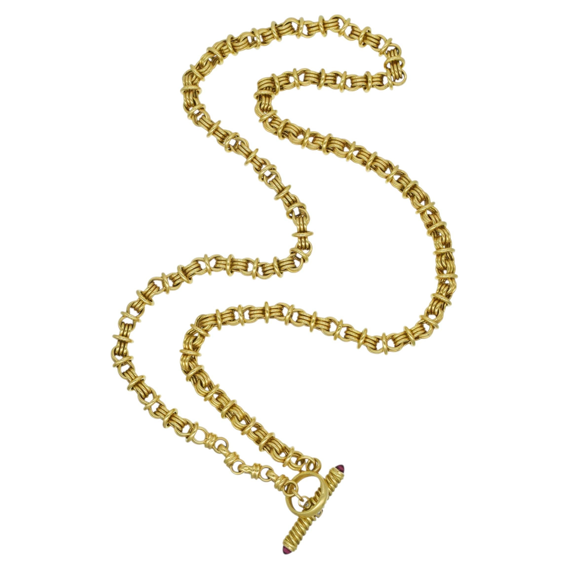 Fancy Link Toggle Necklace In 18k Yellow Gold With Pink Tourmaline AndDiamond